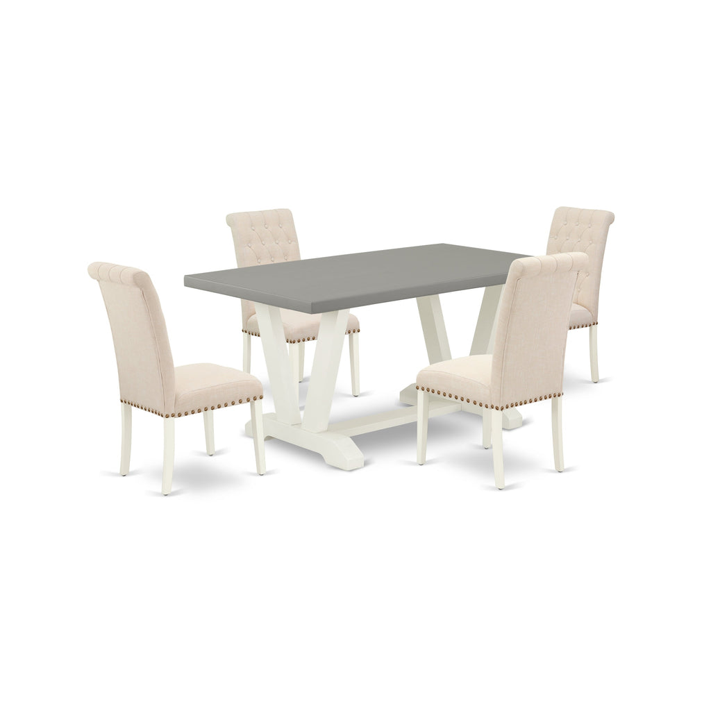 Juego de mesa de cocina de 5 piezas East West Furniture V096BR202-5 para 4 personas. Incluye una mesa de comedor rectangular con patas en V y 4 sillas tapizadas en tela de lino beige claro.