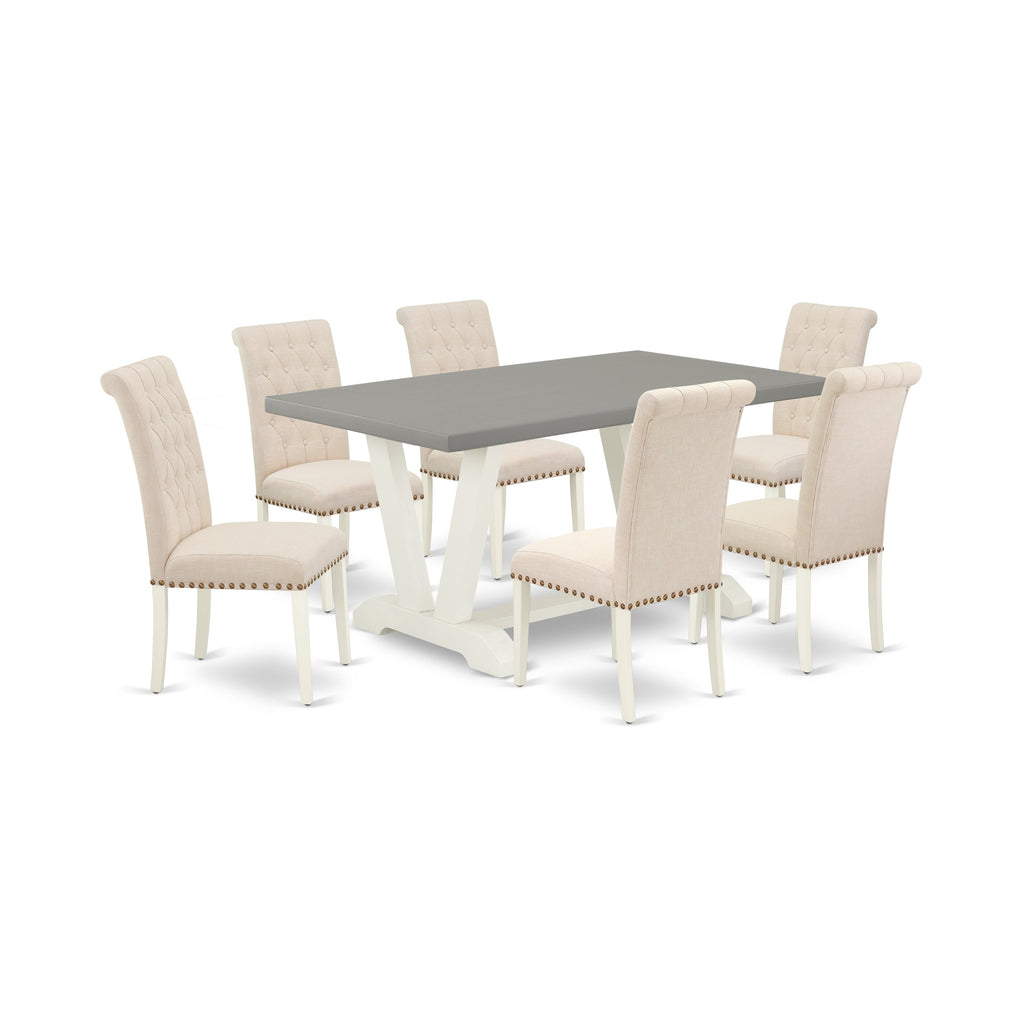Juego de mesa de comedor moderna East West Furniture V096BR202-7 de 7 piezas compuesto por una mesa rectangular de madera con patas en V y 6 sillas de comedor Parsons de tela de lino beige claro.