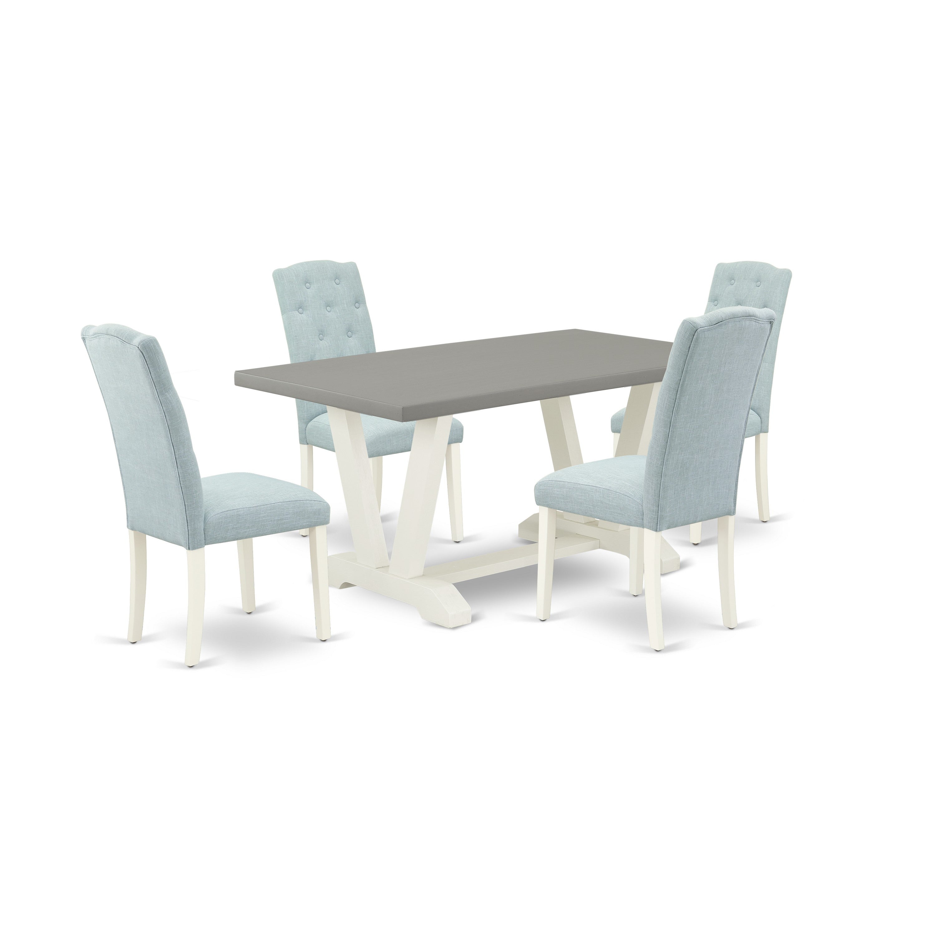 East West Furniture V096CE215-5 5-Piece Dining Room Table Set- 4 Parson dining room chairs with Baby Blue Linen Fabric Seat and Button Tufted Chair Back - Dining Table - Cement Finish