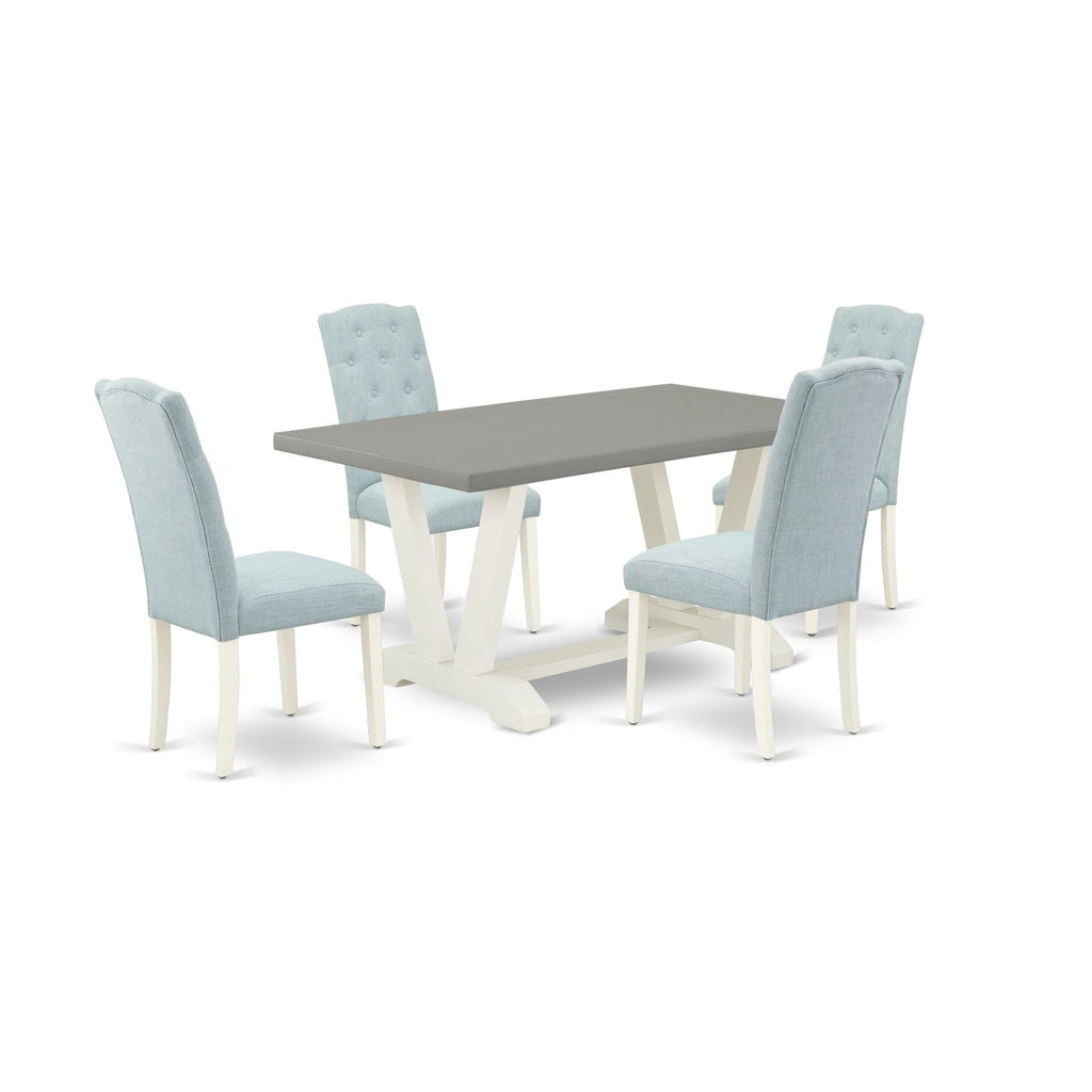 East West Furniture V096CE215-5 5 Piece Dining Set Includes a Rectangle Dining Room Table with V-Legs and 4 Baby Blue Linen Fabric Upholstered Parson Chairs, 36x60 Inch, Multi-Color