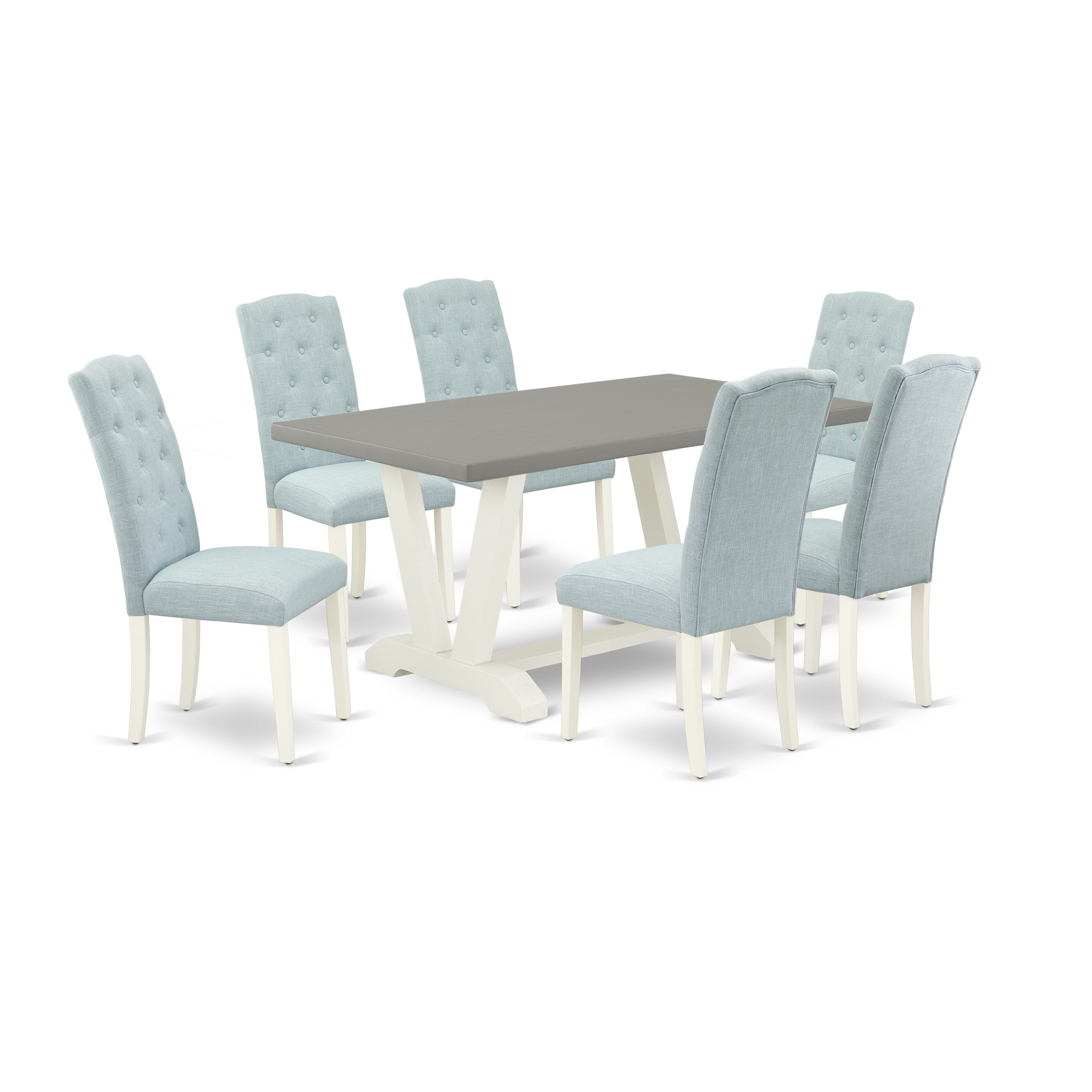 East West Furniture 7-Pc Modern Dining Set- 6 Dining Padded Chairs with Baby Blue Linen Fabric Seat and Button Tufted Chair Back - Rectangular Table top & Wooden Legs - Cement and linen white Finish