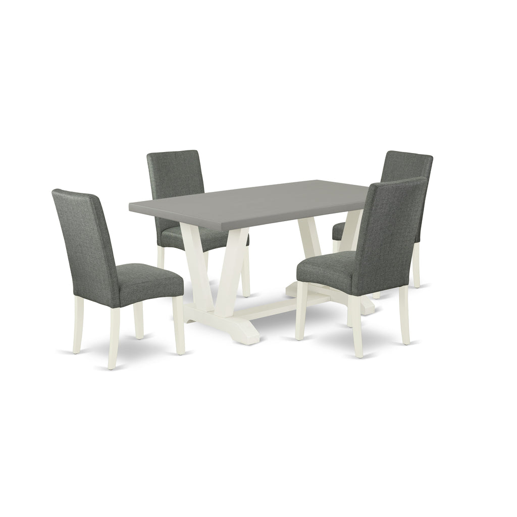 Juego de mesa de comedor moderna de 5 piezas East West Furniture V096DR207-5. Incluye una mesa rectangular de madera con patas en V y 4 sillas de comedor Parsons de tela de lino gris.