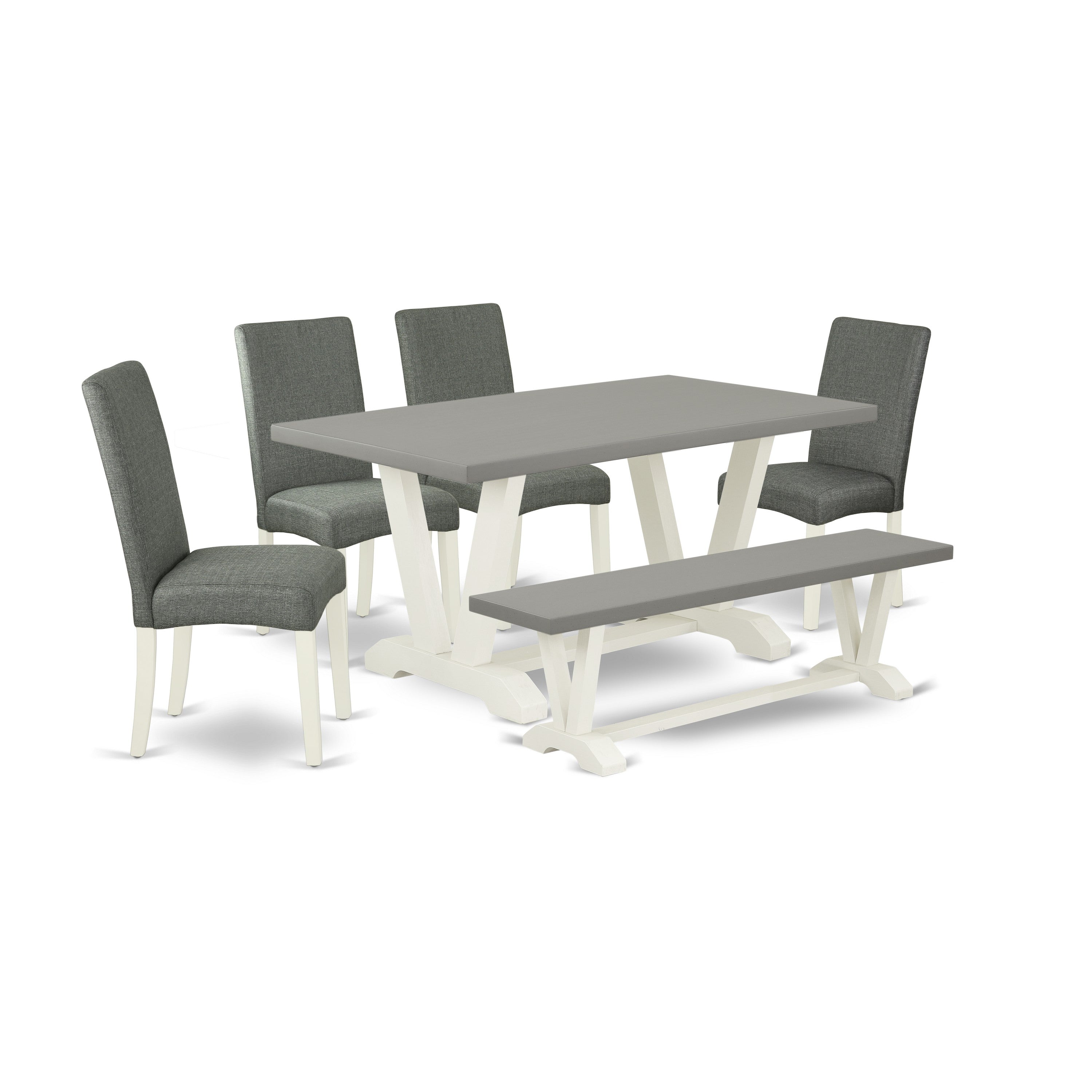EAST WEST FURNITURE - V096DR207-6 - 6-Pc Dinette Set - 4 Parson Chairs, a Dining Bench and 1 Modern dining room table - linen white Finish