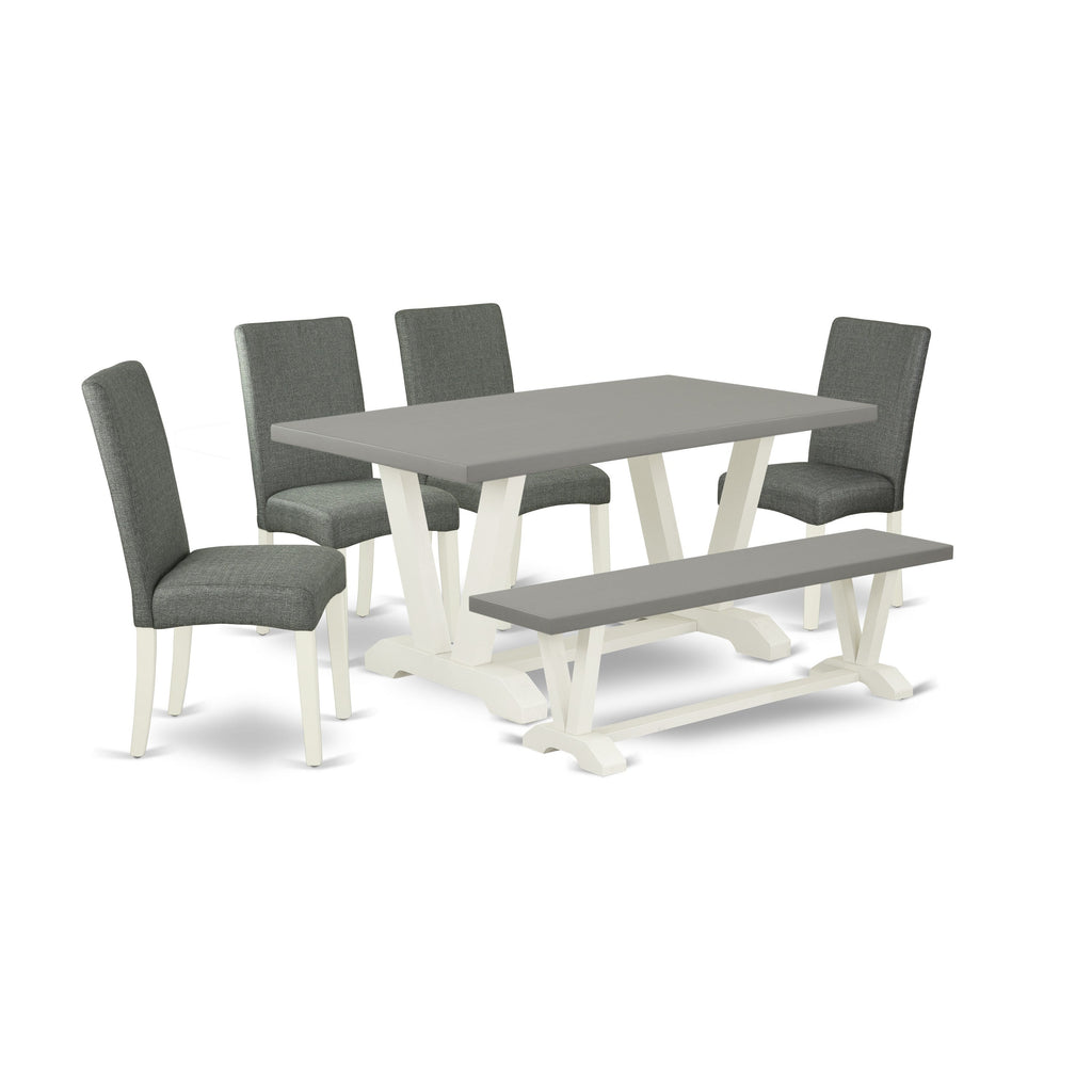 East West Furniture V096DR207-6 6 Piece Kitchen Table Set Contains a Rectangle Dining Table with V-Legs and 4 Gray Linen Fabric Parson Chairs with a Bench, 36x60 Inch, Multi-Color