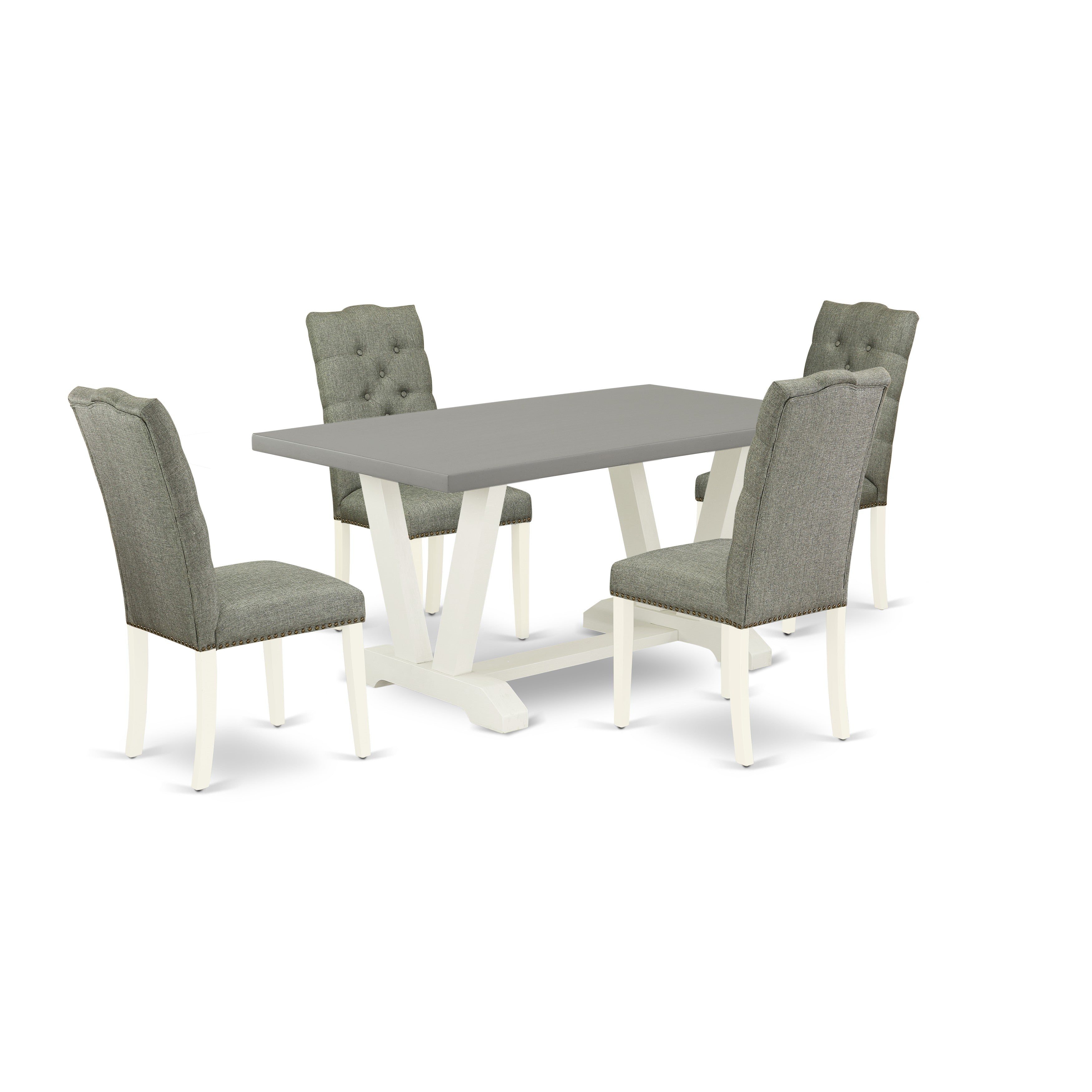 East West Furniture V096EL207-5 5-Pc Dining Room Table Set- 4 Parson Chairs with Smoke Linen Fabric Seat and Button Tufted Chair Back - Rectangular Dining Table - Cement Finish