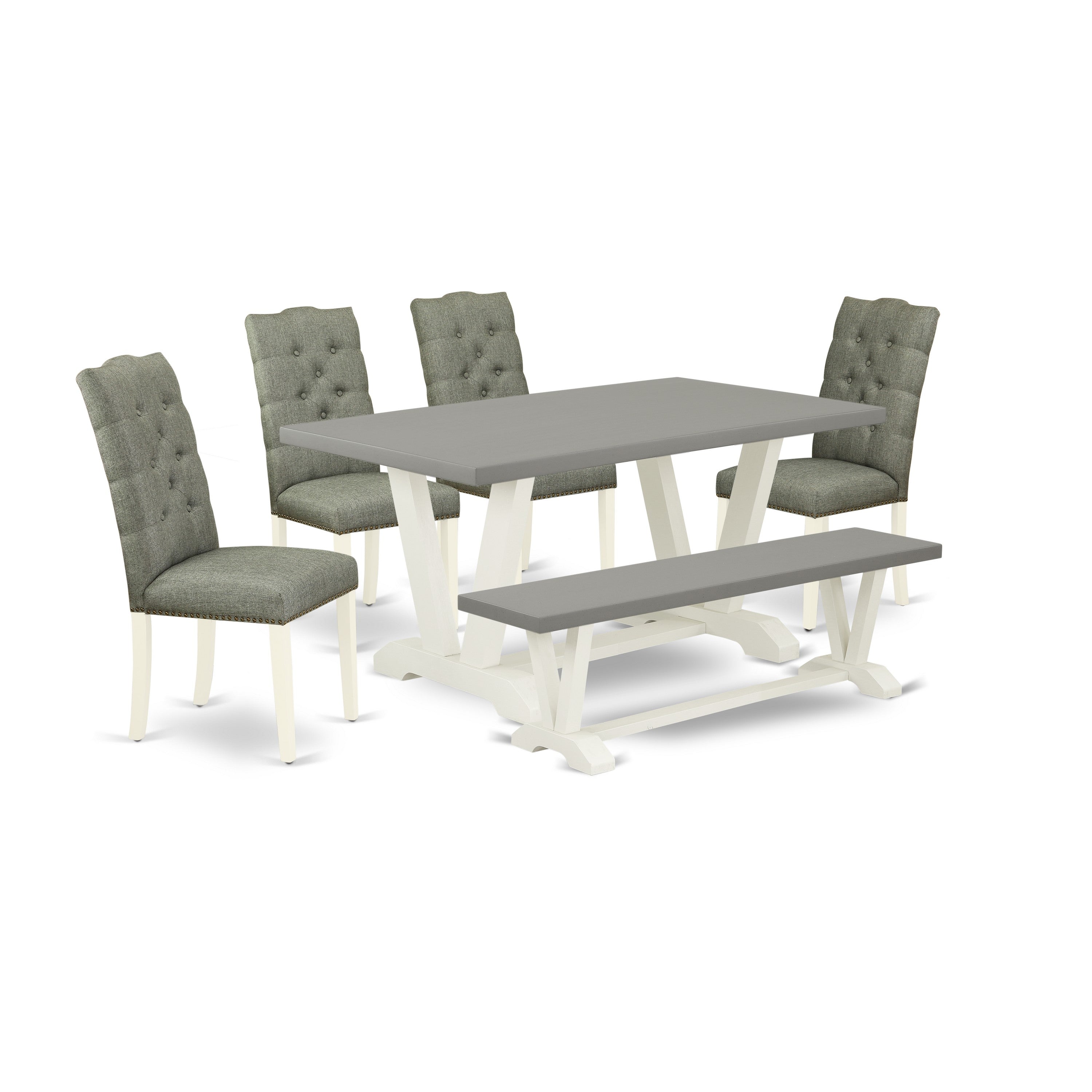 East West Furniture V096EL207-6 6-Piece Dining Table Set- 4 kitchen chairs with Smoke Linen Fabric Seat and Button Tufted Chair Back - Rectangular top & Wooden Legs Kitchen Dining Table and Kitchen Bench - Cement and linen white Finish