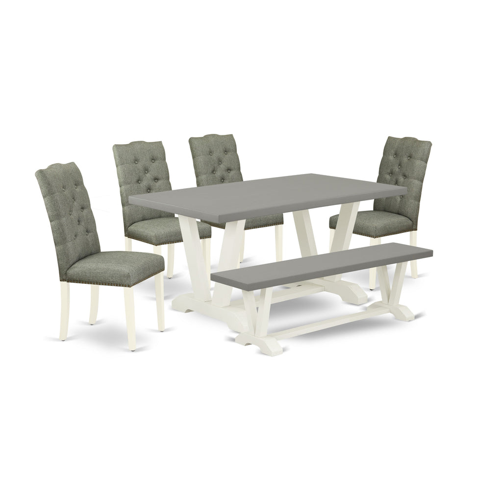 East West Furniture V096EL207-6 6 Piece Dining Table Set Contains a Rectangle Table with V-Legs and 4 Gray Linen Fabric Upholstered Chairs with a Bench, 36x60 Inch, Multi-Color