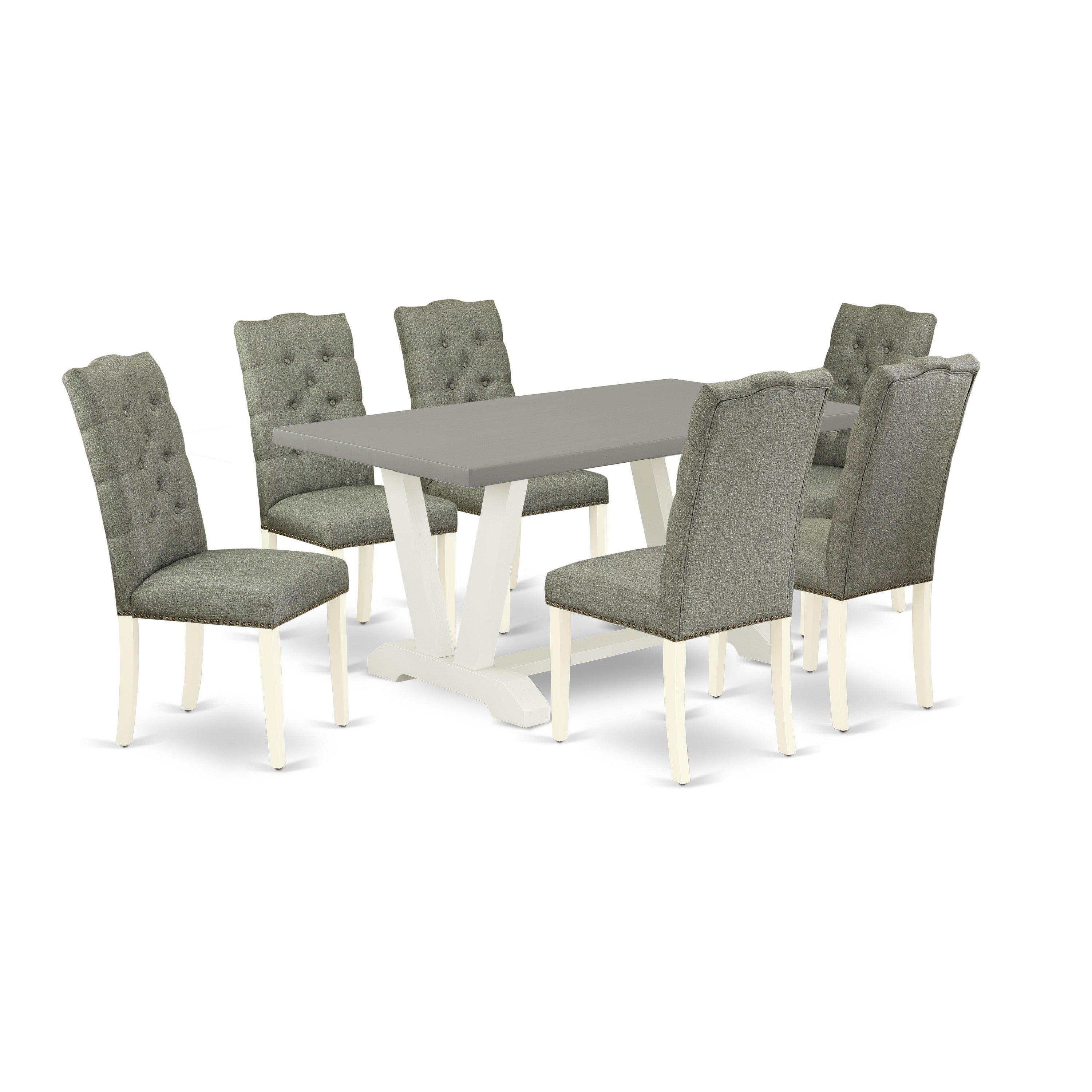 Juego de comedor East West Furniture V096EL207-7 de 7 piezas compuesto por una mesa de comedor rectangular con patas en V y 6 sillas Parson tapizadas en tela de lino gris.