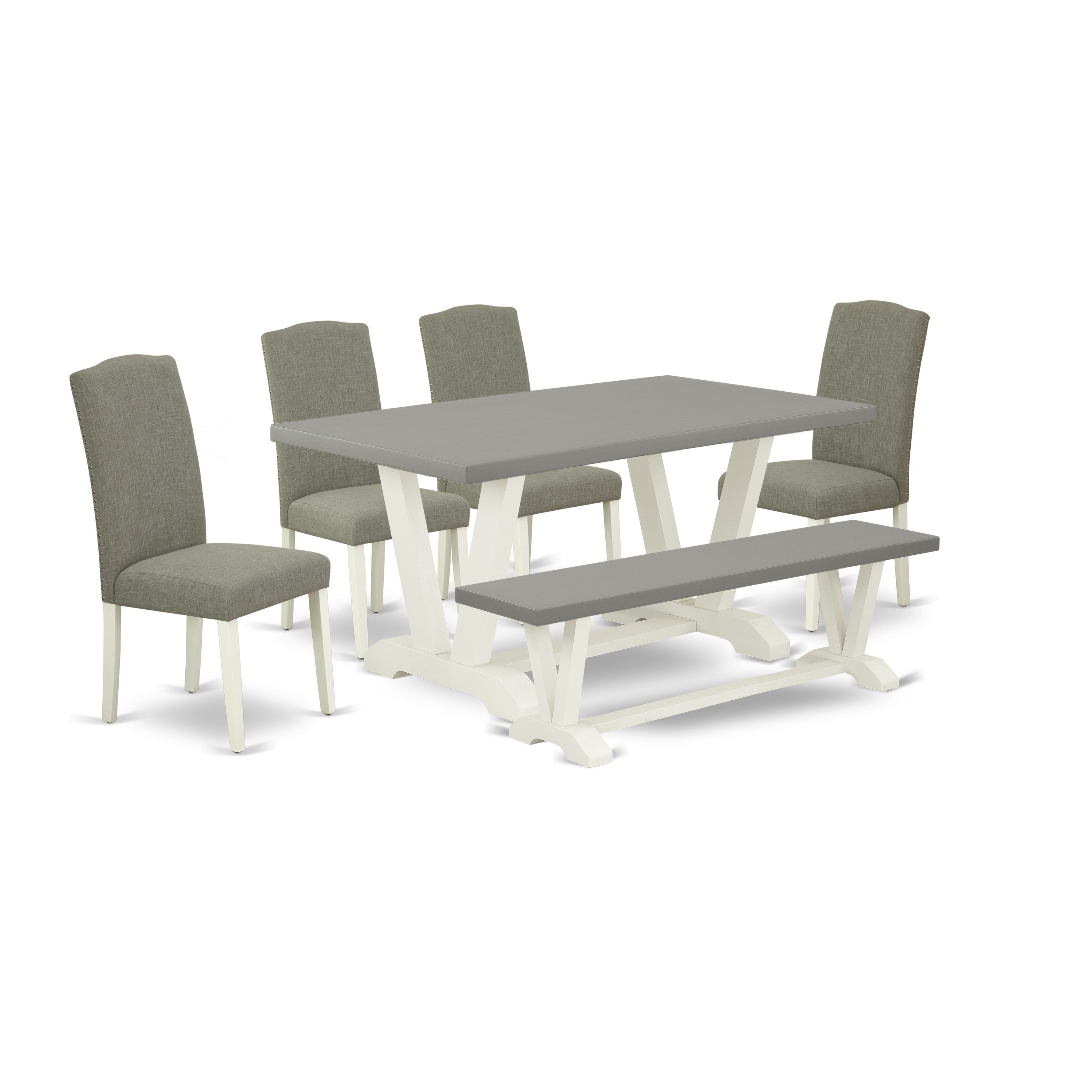East West Furniture V096EN206-6 6-Piece Dining Room Set with Wood Dining Table and Dining Room Bench - 4 Linen Fabric Parson Chairs (linen white Finish)