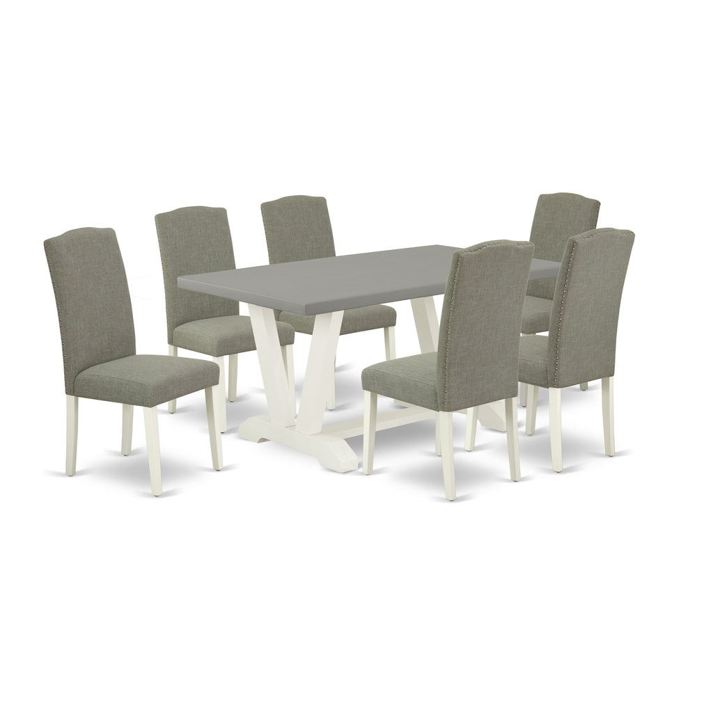 East West Furniture V096EN206-7 7 Piece Dining Table Set Consist of a Rectangle Dining Room Table with V-Legs and 6 Dark Shitake Linen Fabric Parsons Chairs, 36x60 Inch, Multi-Color