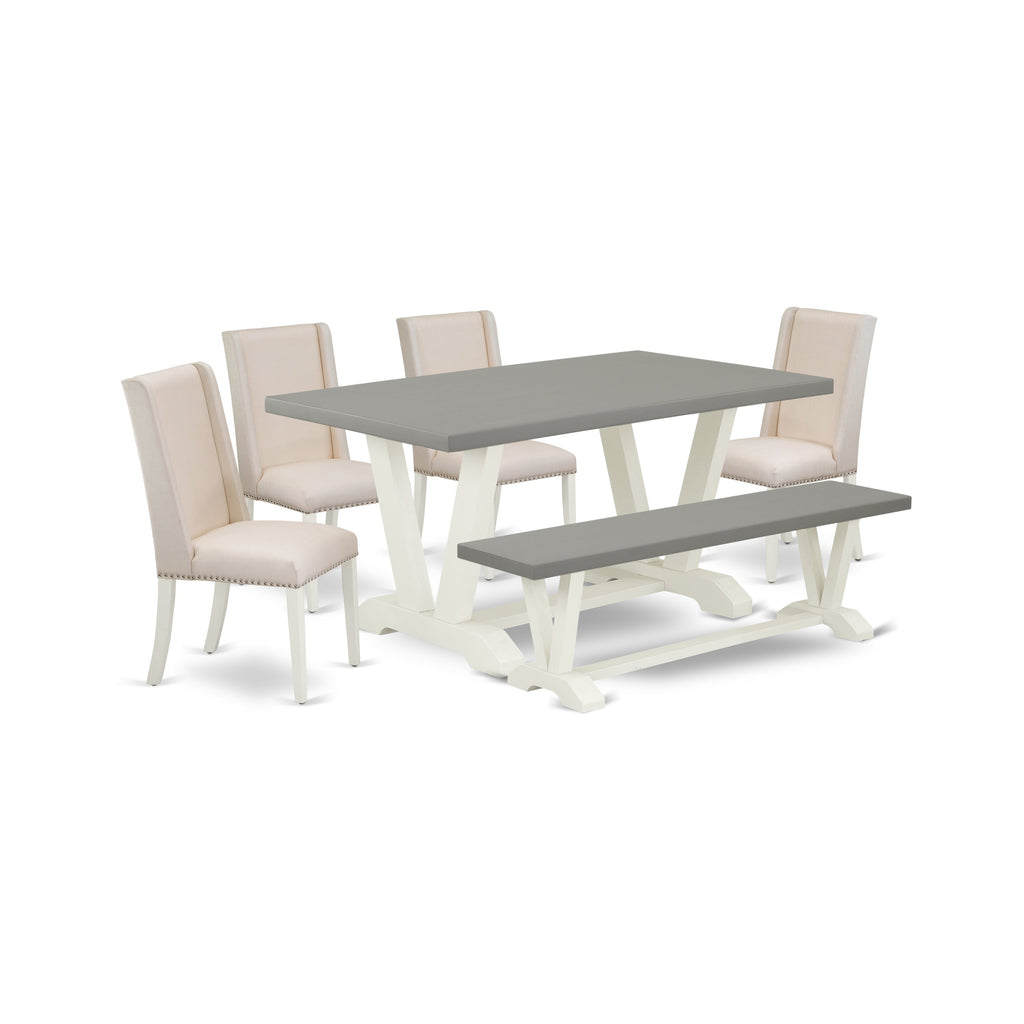 Juego de comedor de 6 piezas East West Furniture V096FL201-6. Contiene una mesa de comedor rectangular con patas en V y 4 sillas Parson de tela de lino color crema con un banco.