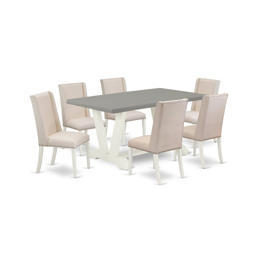 Juego de mesa de comedor East West Furniture V096FL201-7 de 7 piezas. Incluye una mesa de cocina rectangular con patas en V y 6 sillas de comedor Parson de tela de lino color crema.
