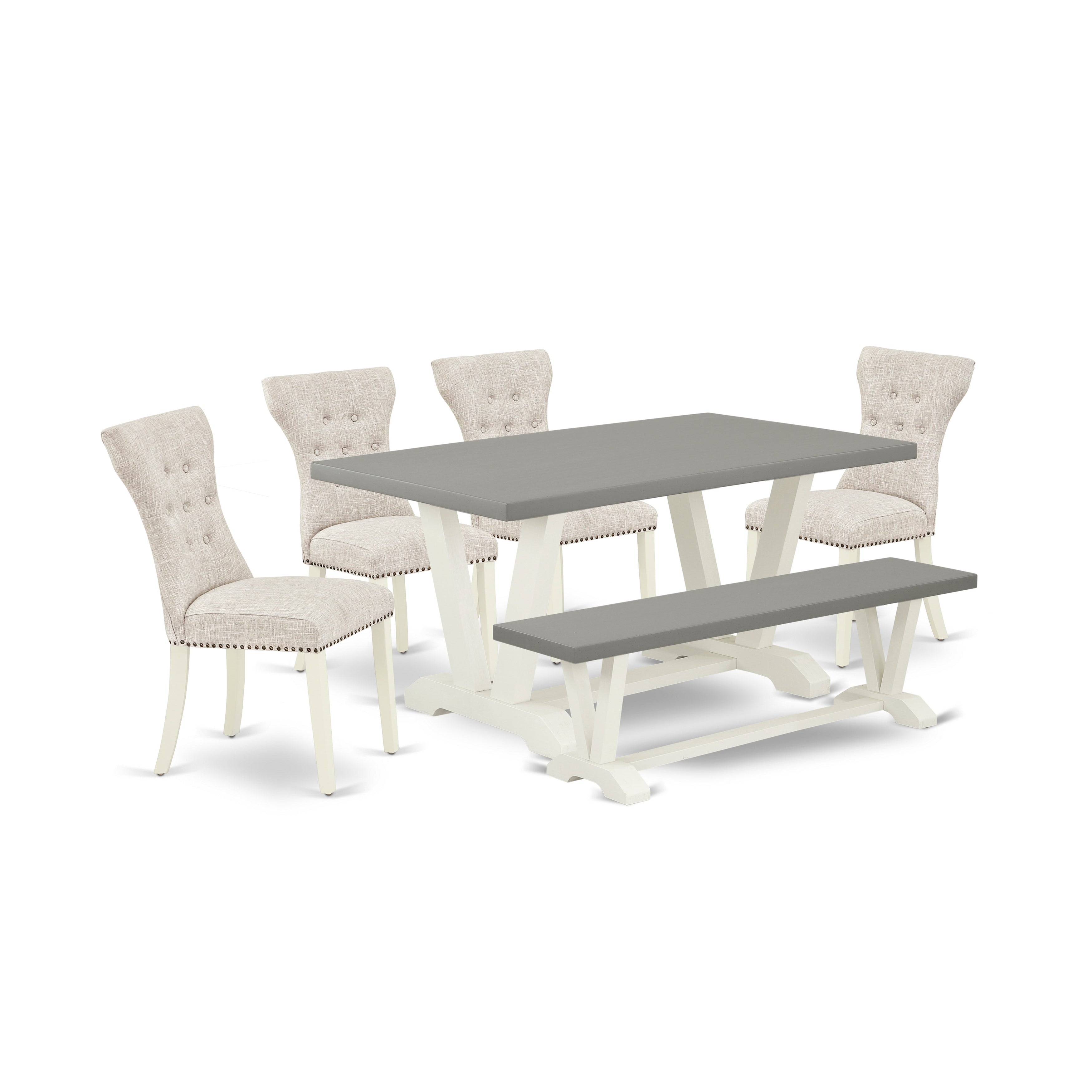 East West Furniture V096GA235-6 6-Pc Modern Dining Set- 4 kitchen chairs with Doeskin Linen Fabric Seat and Button Tufted Chair Back - Rectangular top & Wooden Legs Dining Room table and Dining Bench - Cement and linen white Finish