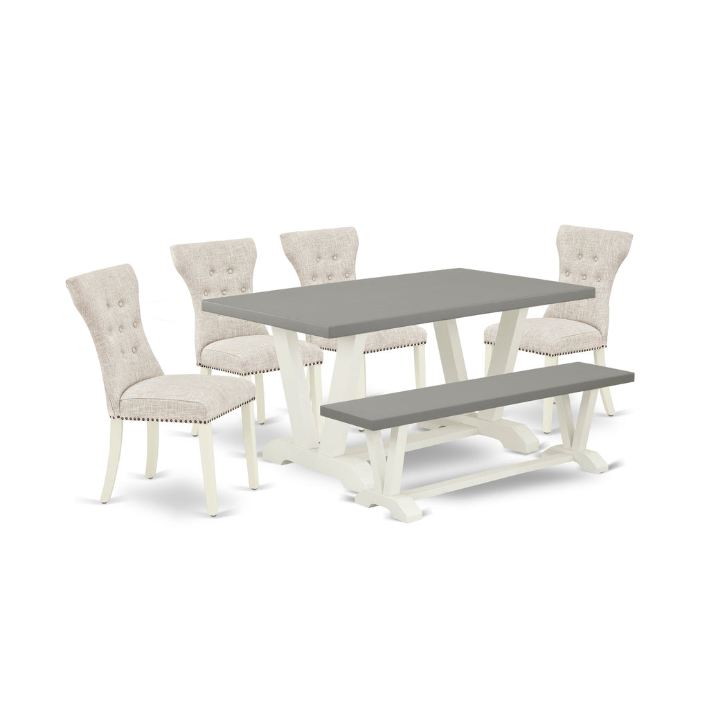 Juego de mesa de comedor de 6 piezas East West Furniture V096GA235-6. Contiene una mesa de comedor rectangular con patas en V y 4 sillas Parson de tela de lino y piel de venado con un banco.