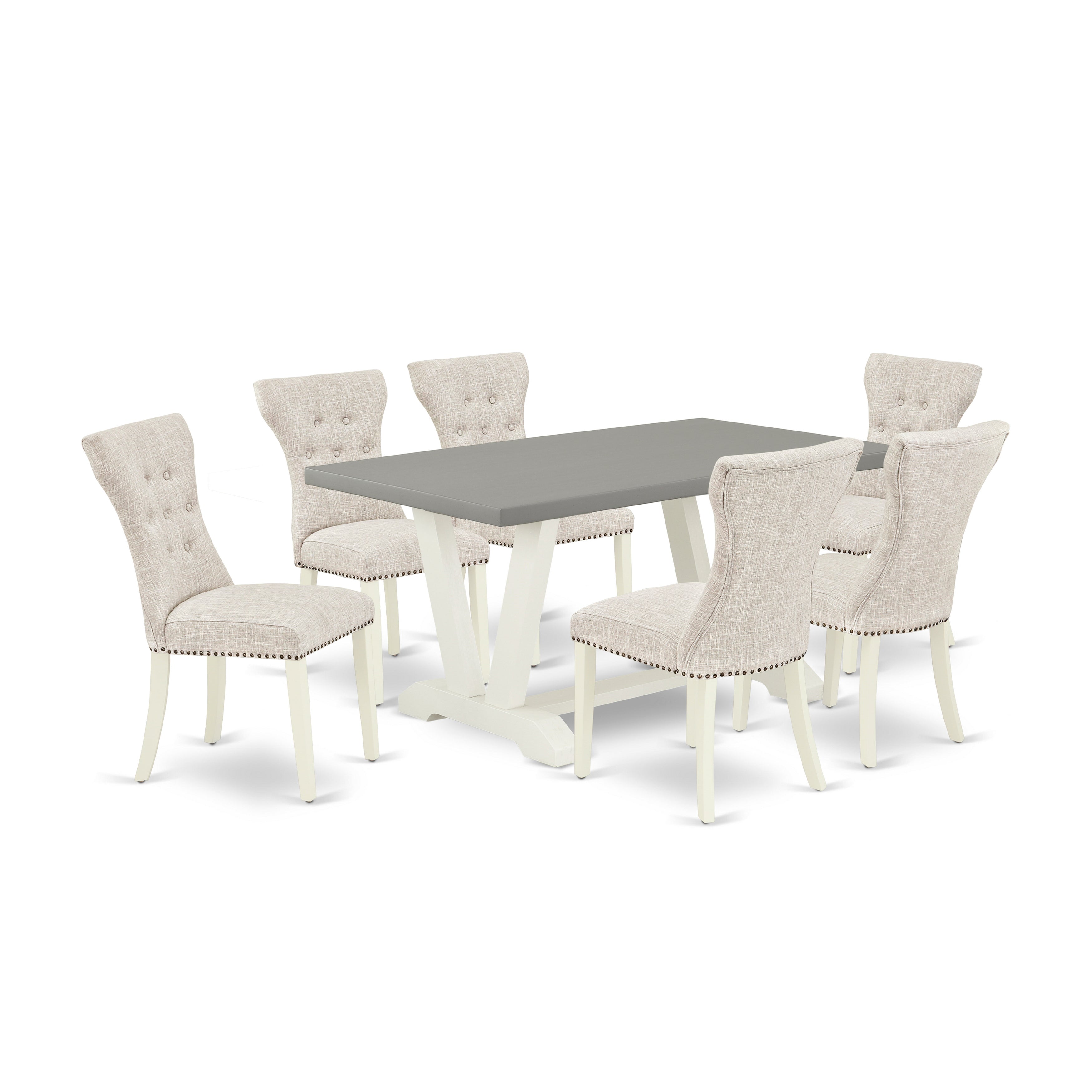 East West Furniture V096GA235-7 7-Piece Dining Set- 6 Parson Dining Chairs with Doeskin Linen Fabric Seat and Button Tufted Chair Back - Rectangular Table top & Wooden Legs - Cement and linen white Finish