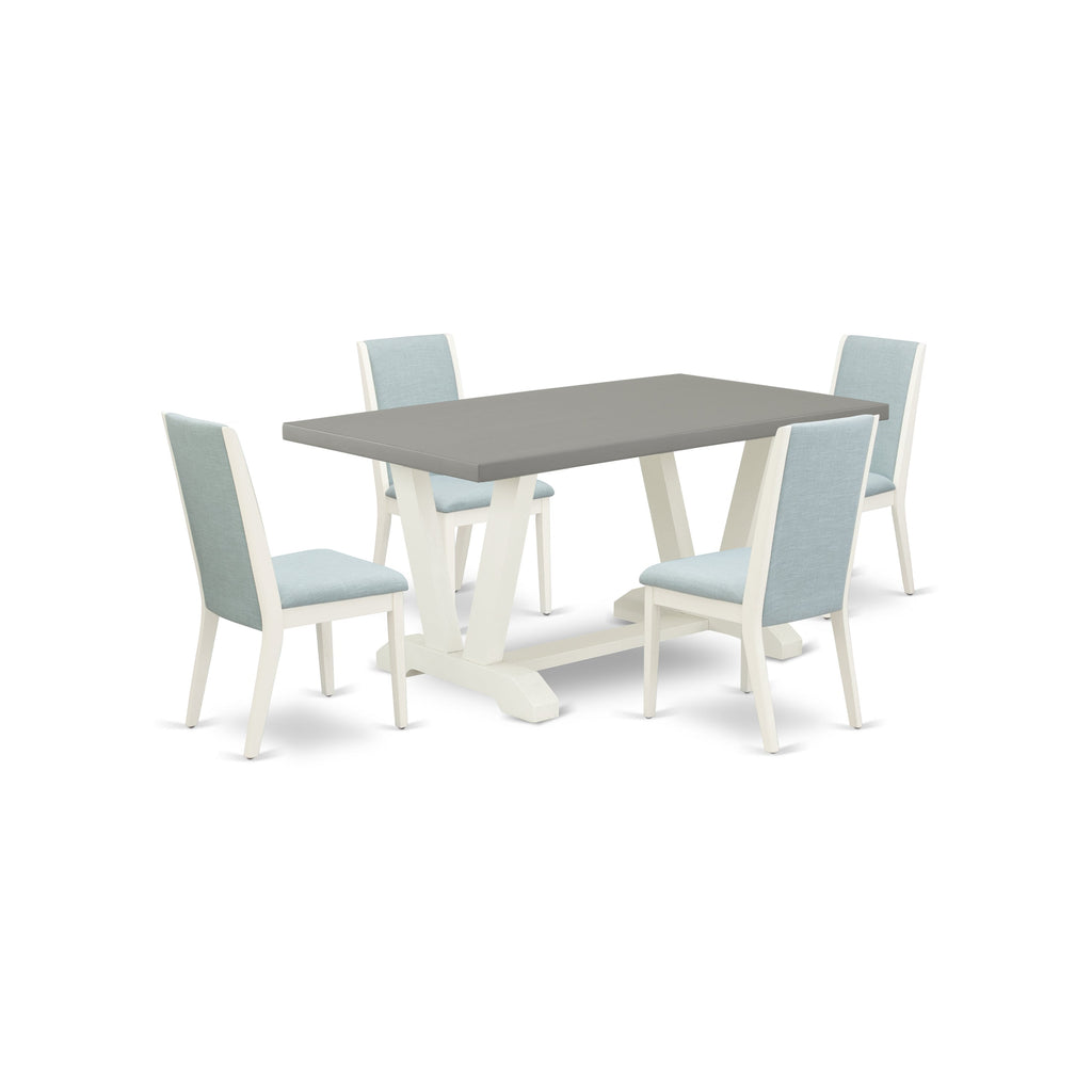 East West Furniture V096LA015-5 5 Piece Dining Room Table Set Includes a Rectangle Dining Table with V-Legs and 4 Baby Blue Linen Fabric Upholstered Parson Chairs, 36x60 Inch, Multi-Color