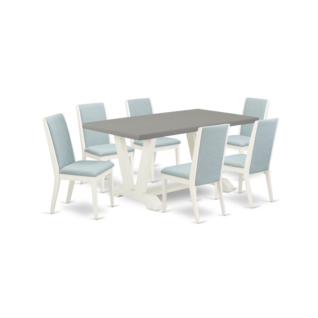 Juego de mesa de comedor moderna de 7 piezas East West Furniture V096LA015-7 compuesto por una mesa rectangular de madera con patas en V y 6 sillas de comedor Parson de tela de lino azul bebé.