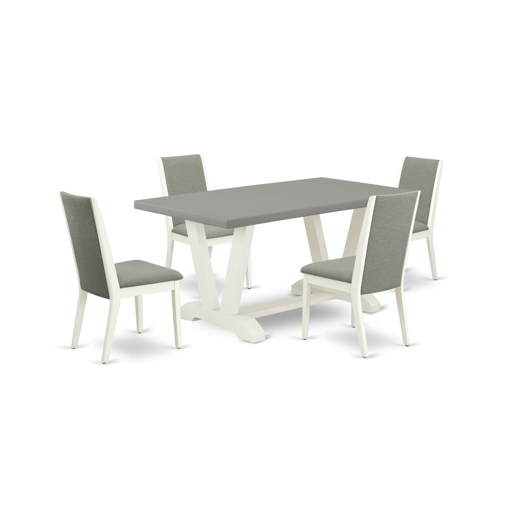 Juego de mesa de comedor de 5 piezas East West Furniture V096LA206-5. Incluye una mesa de comedor rectangular con patas en V y 4 sillas tapizadas en tela de lino Shitake.