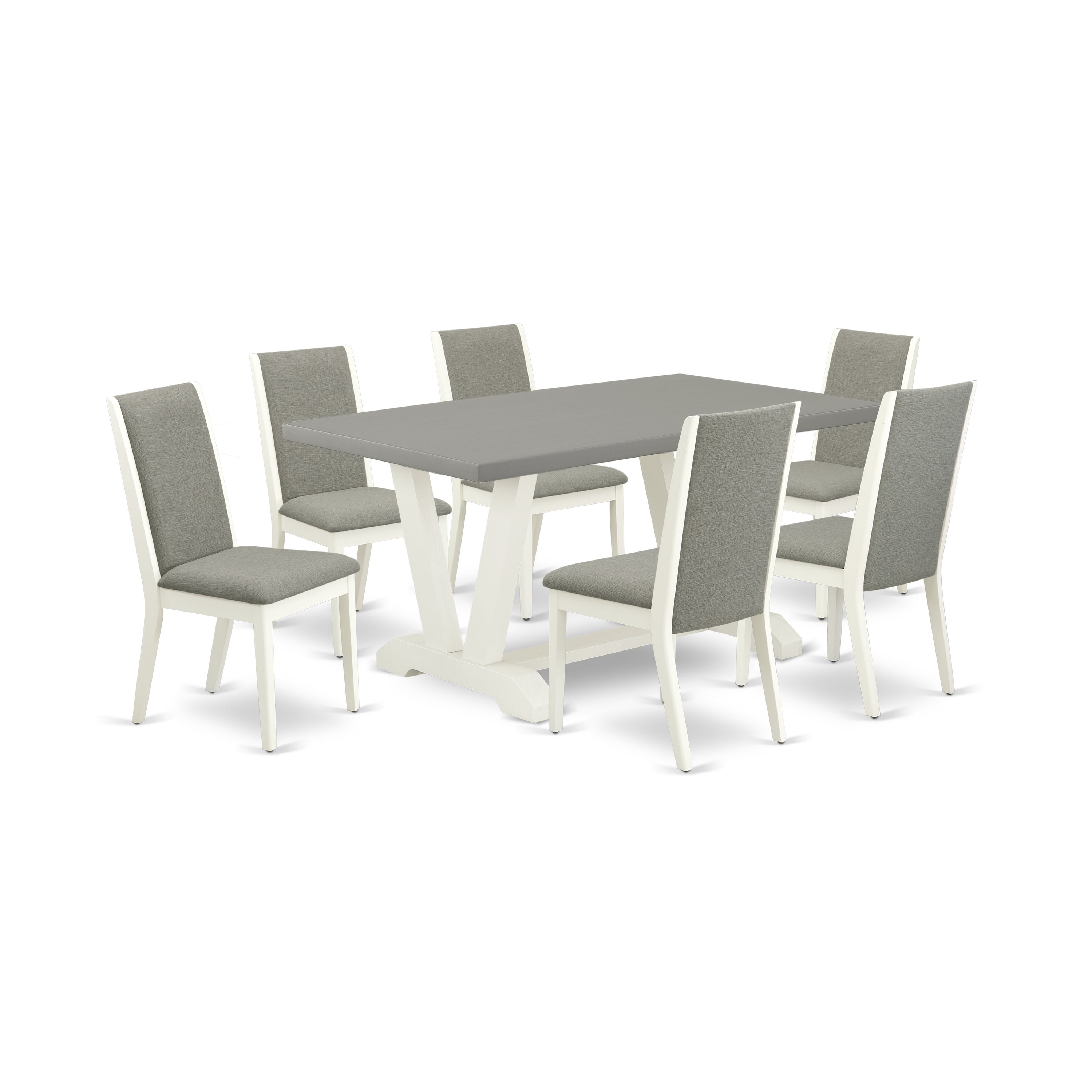 Juego de mesa de comedor moderna de 7 piezas East West Furniture V096LA206-7 compuesto por una mesa rectangular de madera con patas en V y 6 sillas de comedor Parsons de tela de lino shitake.