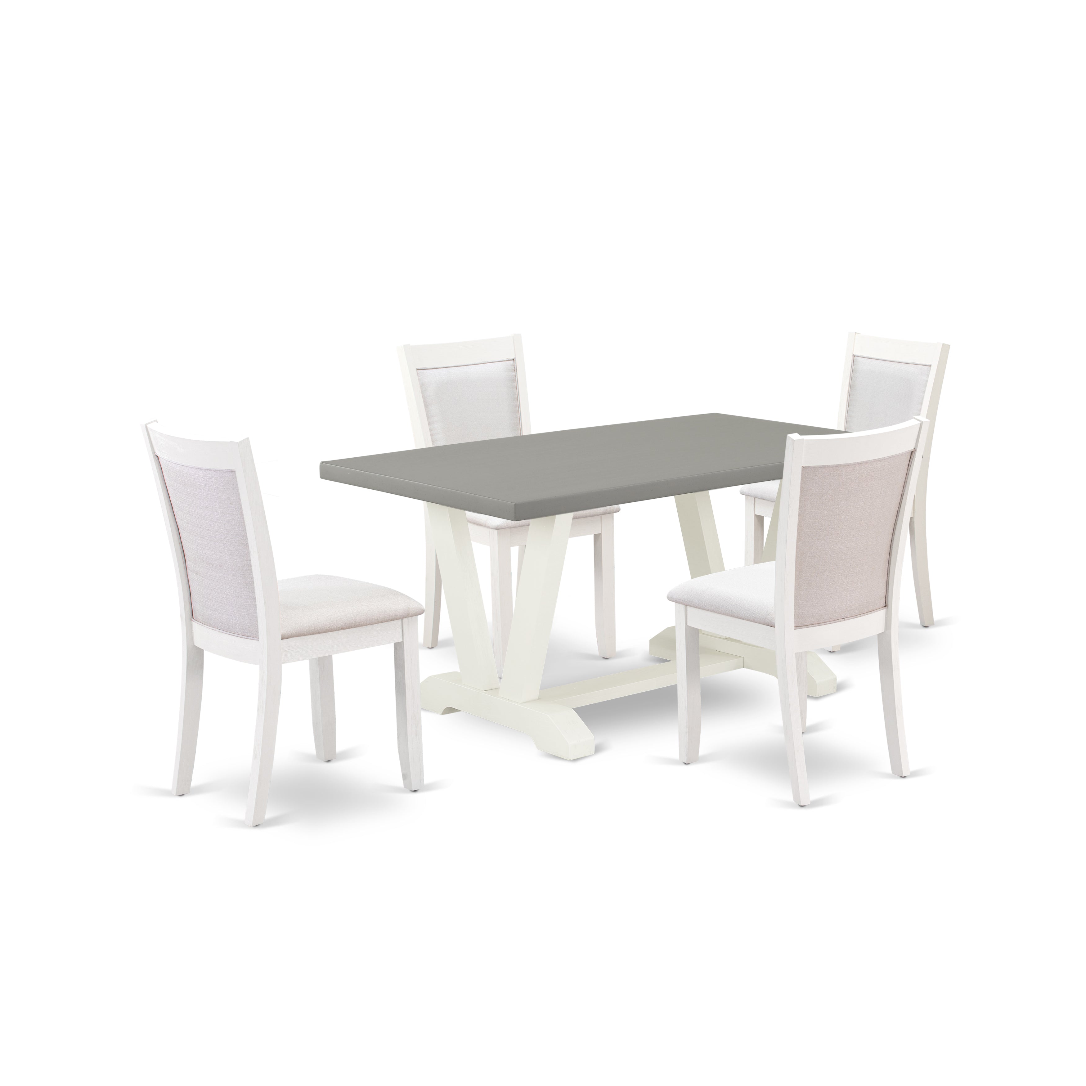 East West Furniture V096MZ001-5 5-Piece Dining Room Table Set Includes a Wood Dining Table and 4 Cream Linen Fabric Upholstered Chairs with Stylish Back - Wire Brushed linen white Finish