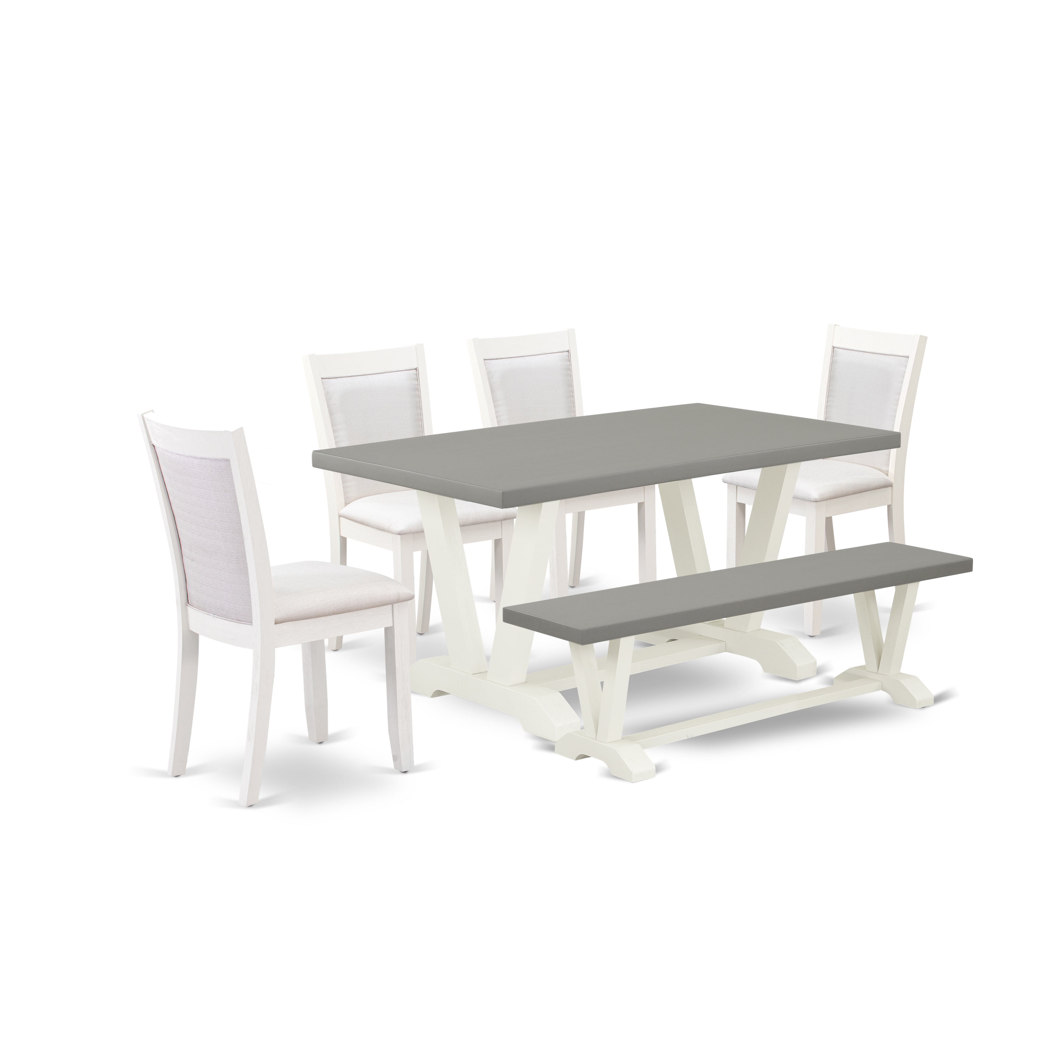 East West Furniture V096MZ001-6 6-Piece Dining Table Set Includes a Wood Dining Table - 4 Cream Linen Fabric Upholstered Chairs with Stylish Back and a Small Bench - Wire Brushed linen white Finish