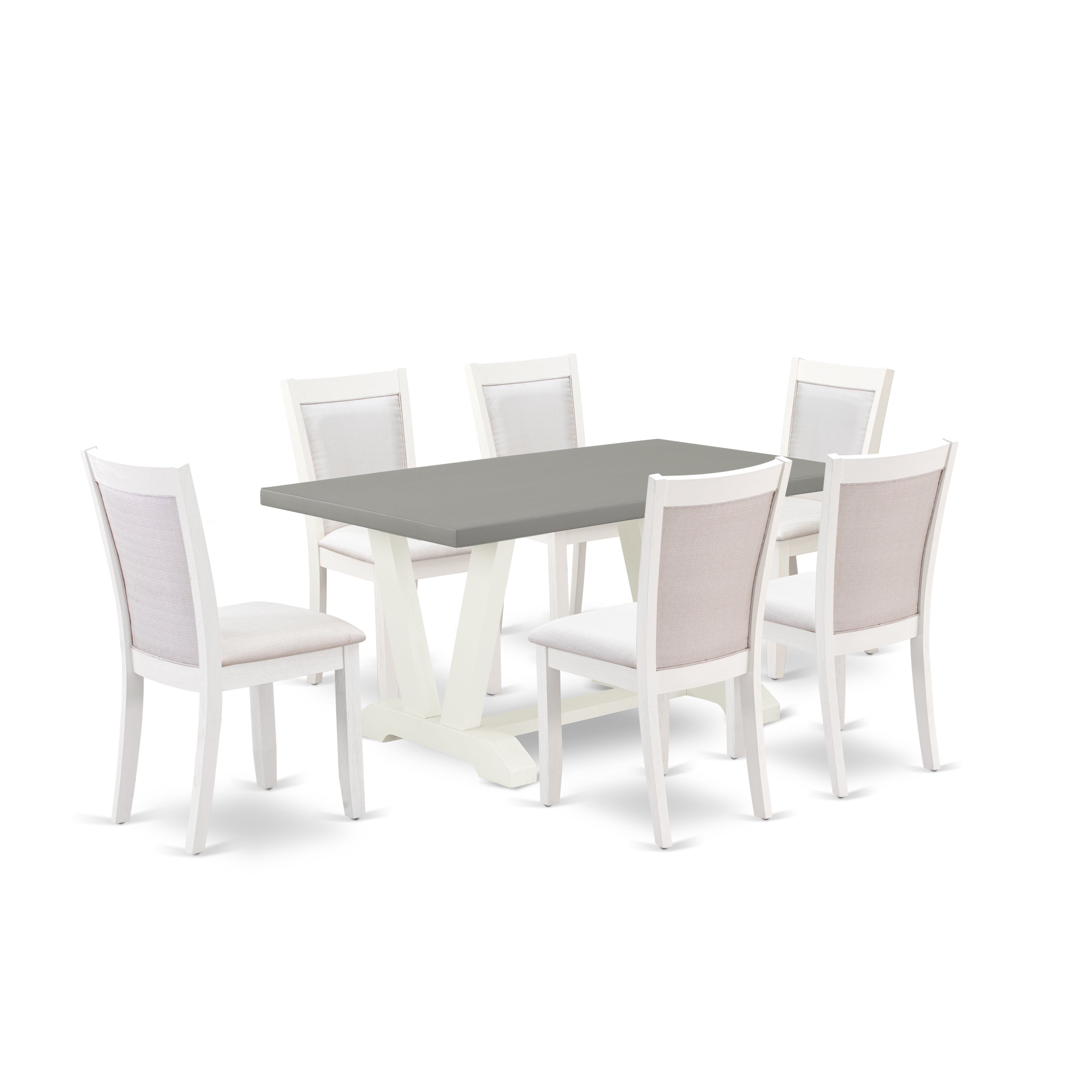East West Furniture V096MZ001-7 7-Piece Dining Table Set Includes a Rectangular Dining Table and 6 Cream Linen Fabric Kitchen Chairs with Stylish Back - Wire Brushed linen white Finish