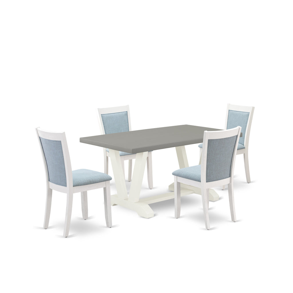 Juego de mesa de comedor moderna de 5 piezas East West Furniture V096MZ015-5. Incluye una mesa rectangular de madera con patas en V y 4 sillas tapizadas en tela de lino azul bebé.