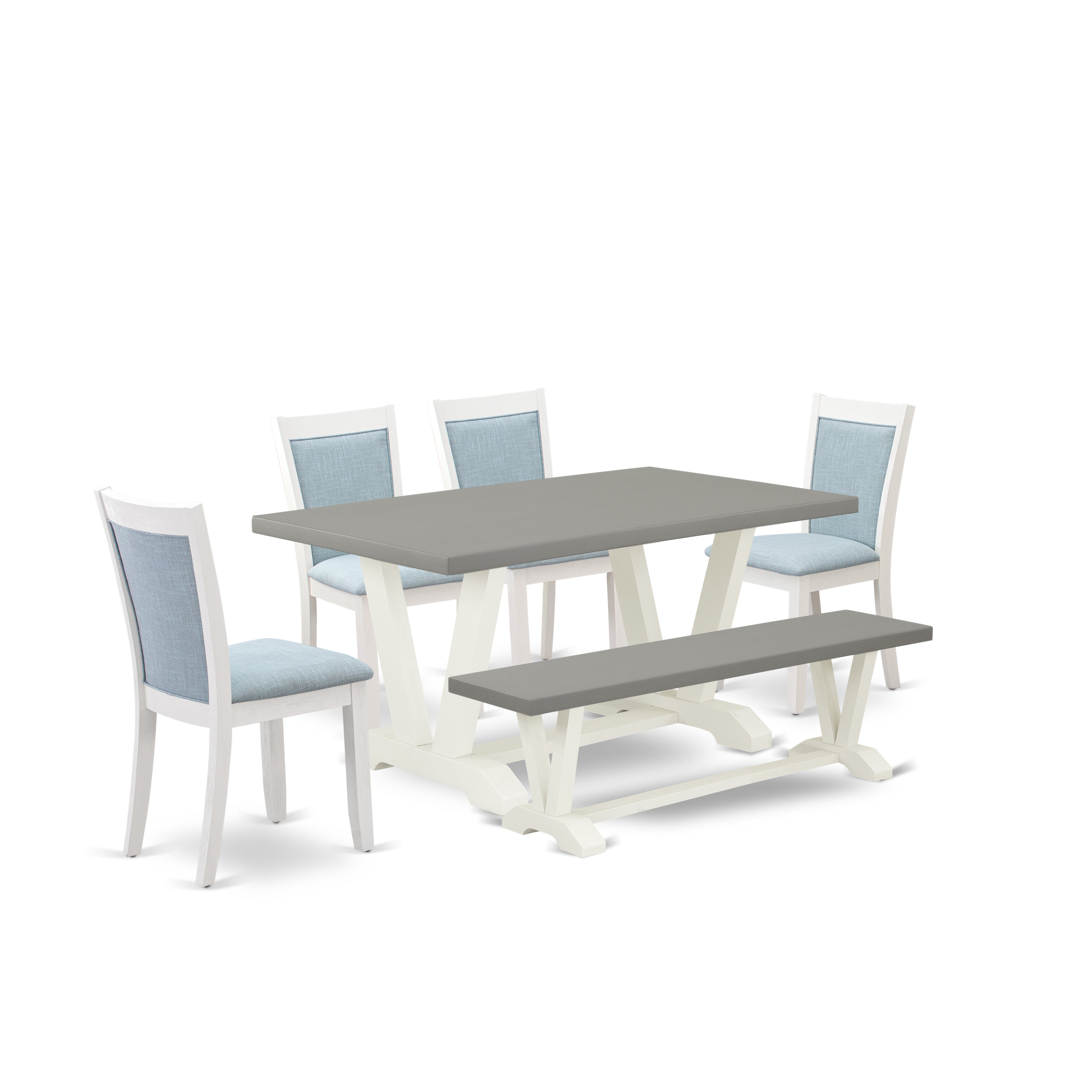 East West Furniture V096MZ015-6 6-Piece Dinner Table Set Includes a Modern Table - 4 Baby Blue Linen Fabric Dining Chairs with Stylish Back and a Small Bench - Wire Brushed linen white Finish