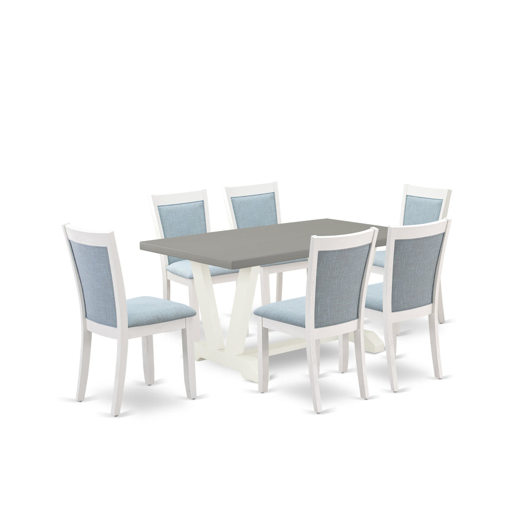 Juego de comedor East West Furniture V096MZ015-7 de 7 piezas compuesto por una mesa de comedor rectangular con patas en V y 6 sillas Parson tapizadas en tela de lino azul bebé.