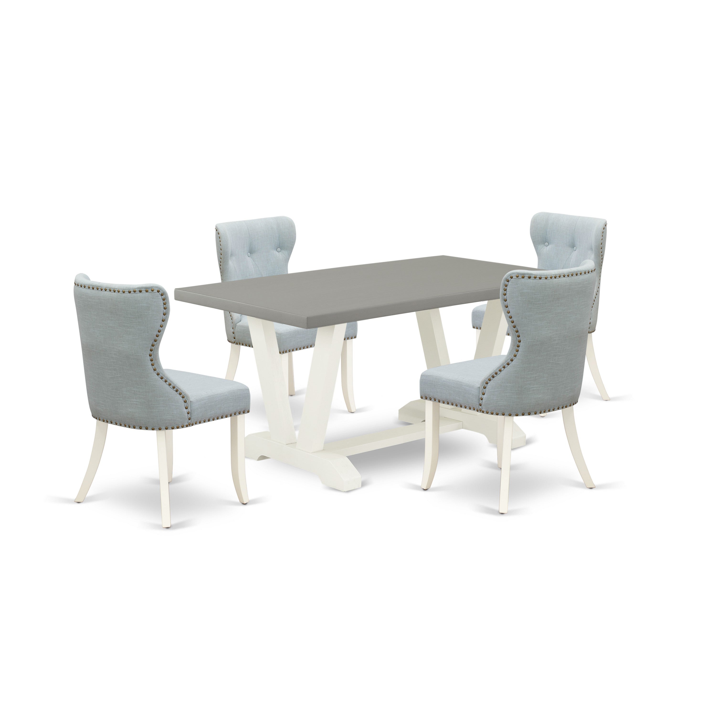 East West Furniture V096SI215-5 5-Piece Kitchen Dining Set- 4 Dining Chair with Baby Blue Linen Fabric Seat and Button Tufted Chair Back - Dining Room Table - Cement Finish