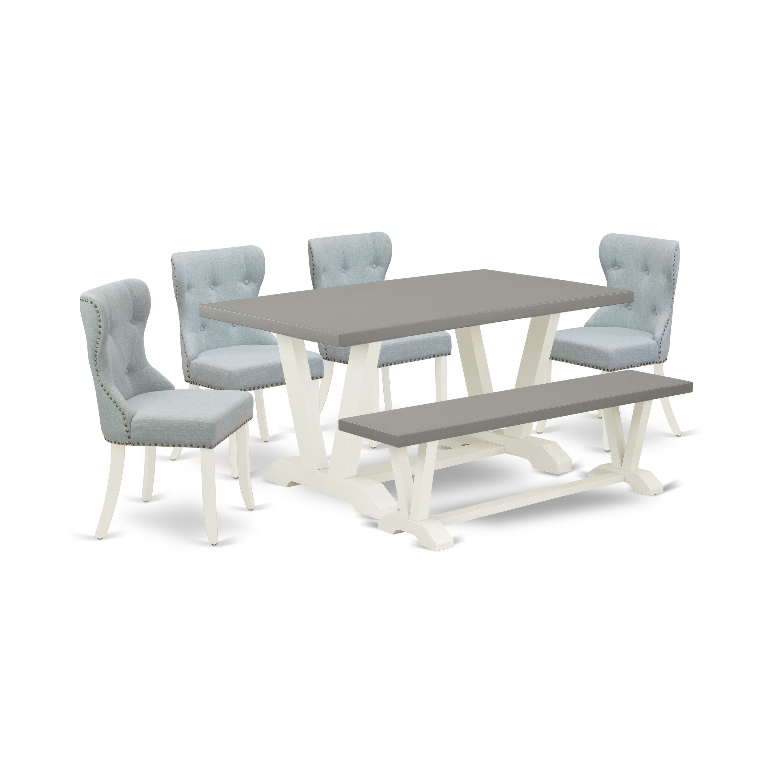 Juego de mesa de comedor de 6 piezas East West Furniture V096SI215-6. Contiene una mesa de comedor rectangular y 4 sillas Parson de tela de lino azul bebé con un banco.