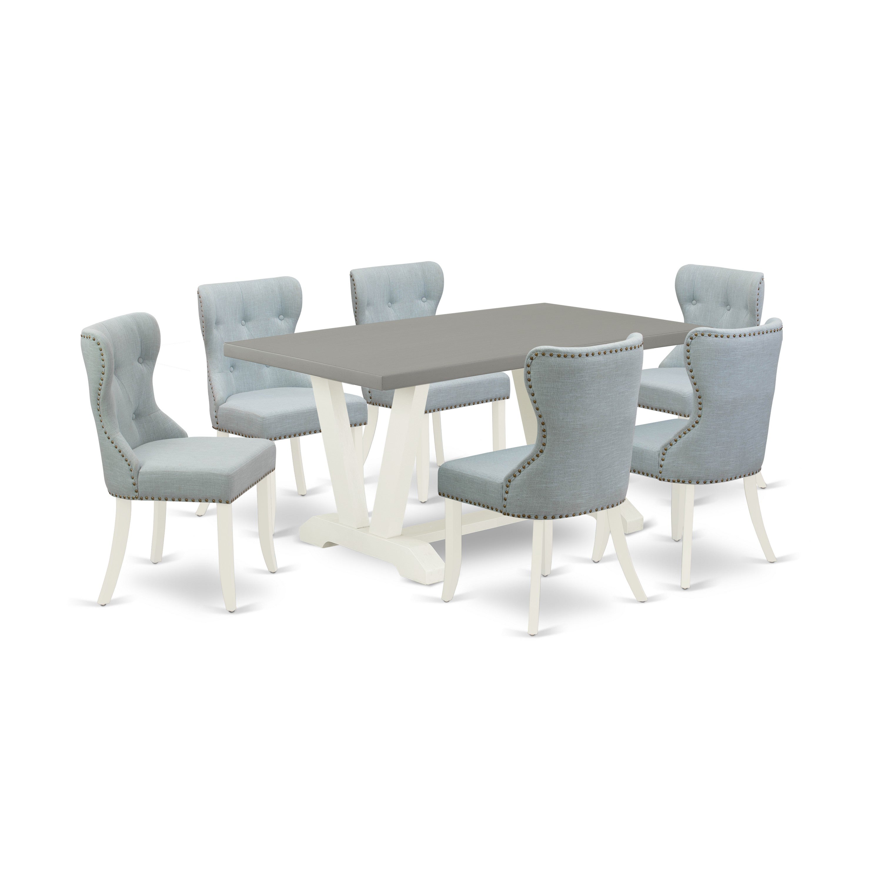 East West Furniture 7-Pc Dining Room Set- 6 Mid Century Dining Chairs with Baby Blue Linen Fabric Seat and Button Tufted Chair Back - Rectangular Table top & Wooden Legs - Cement and linen white Finish