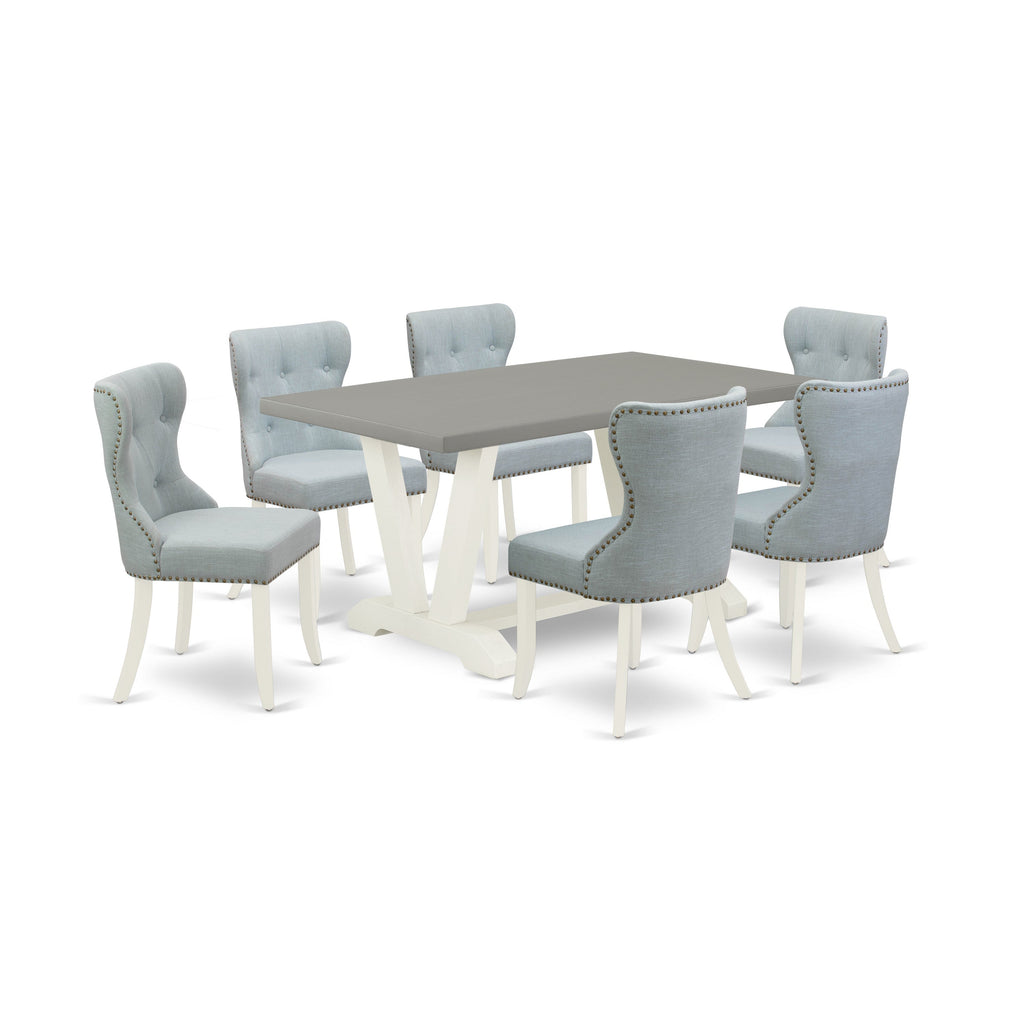 East West Furniture V096SI215-7 7 Piece Dining Table Set Consist of a Rectangle Dining Room Table with V-Legs and 6 Baby Blue Linen Fabric Upholstered Chairs
