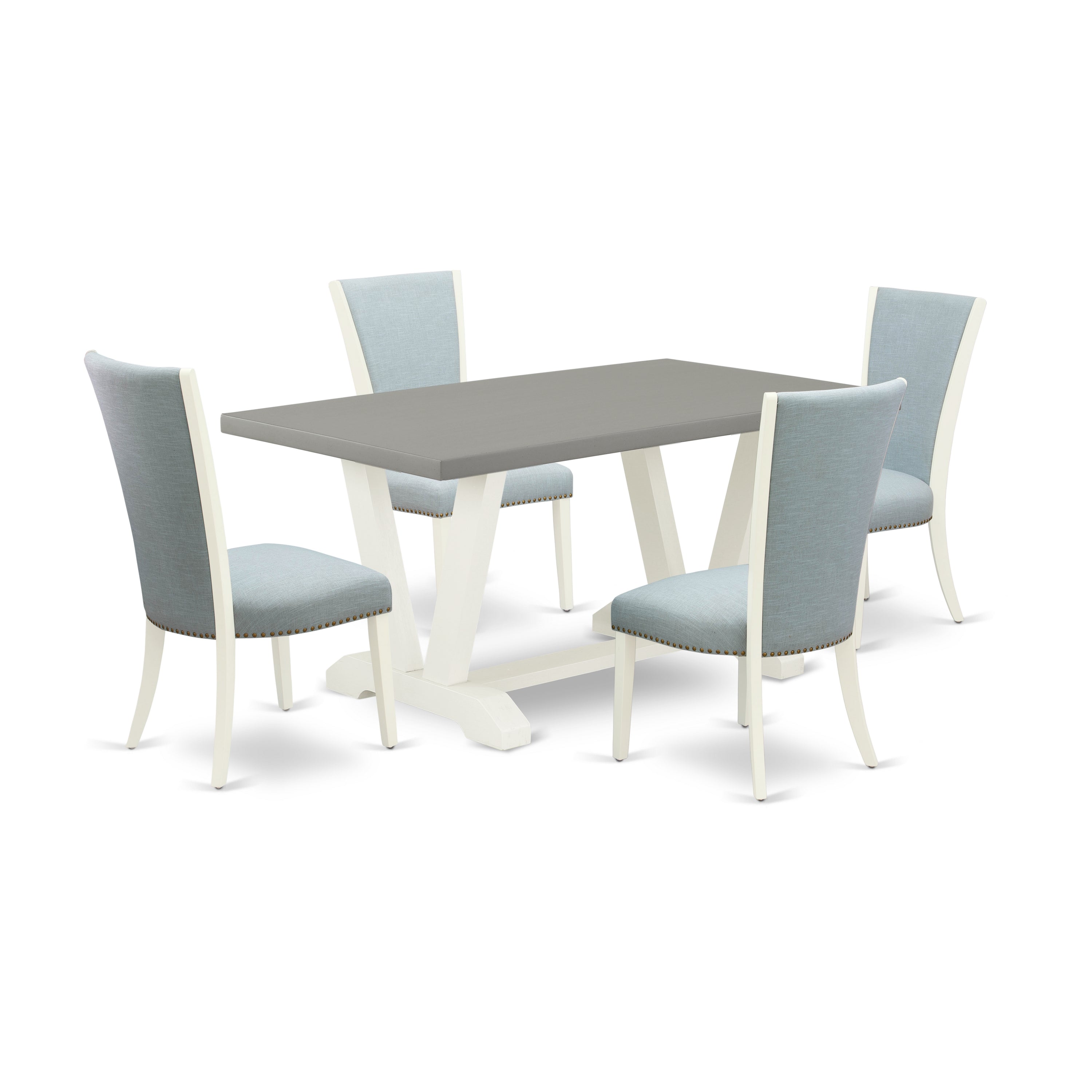 El juego de comedor de 5 piezas East West Furniture V096VE215-5 incluye una mesa de comedor rectangular con patas en V y 4 sillas Parson tapizadas en tela de lino azul bebé.