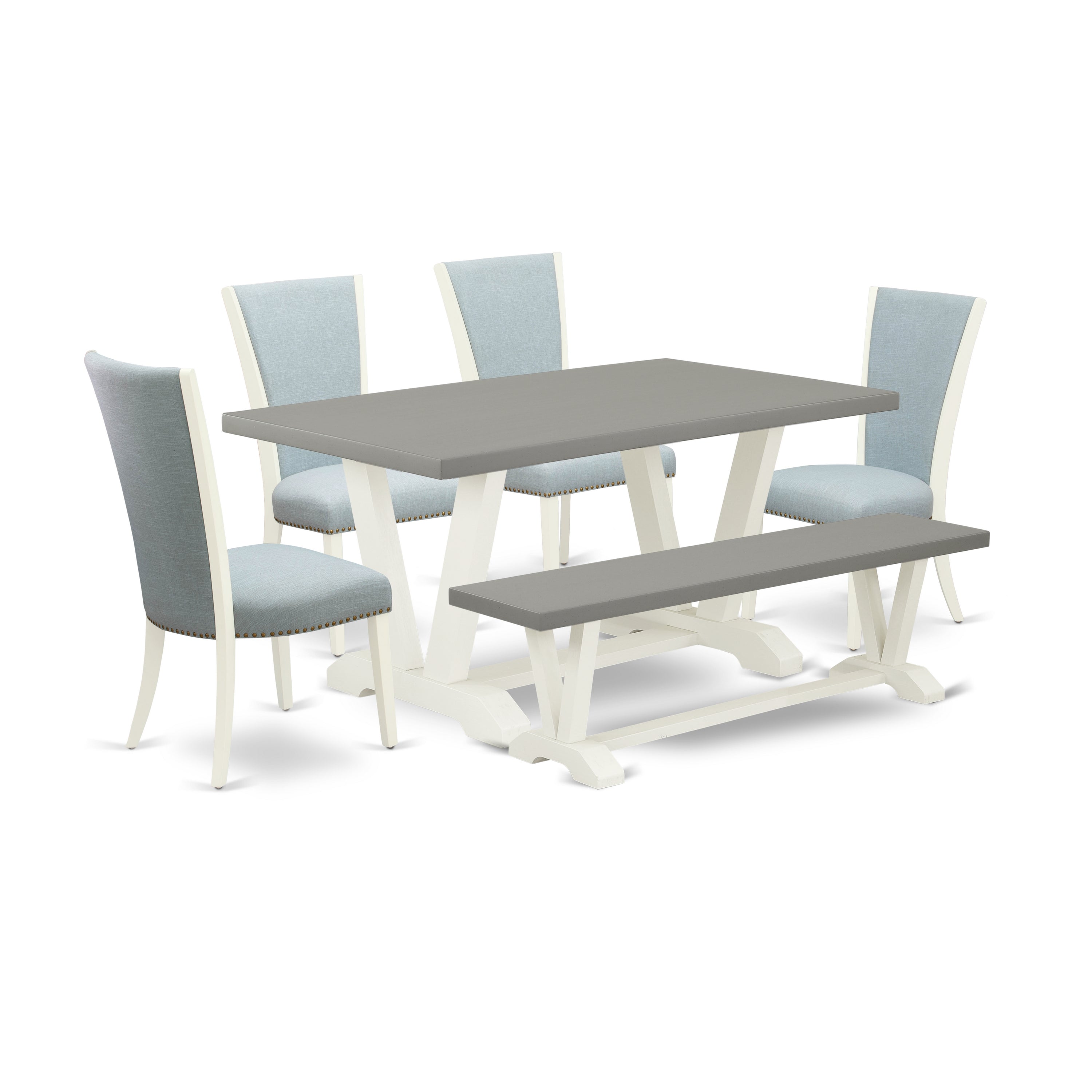 East West Furniture V096VE215-6 6 Piece Dining Set - 4 Baby Blue Linen Fabric Dining Room Chairs with Nailheads and Cement Modern Dining Table - 1 Modern Bench - linen white Finish