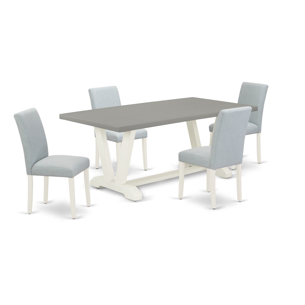 East West Furniture V097AB015-5 5 Piece Modern Dining Table Set Includes a Rectangle Wooden Table with V-Legs and 4 Baby Blue Linen Fabric Upholstered Chairs, 40x72 Inch, Multi-Color
