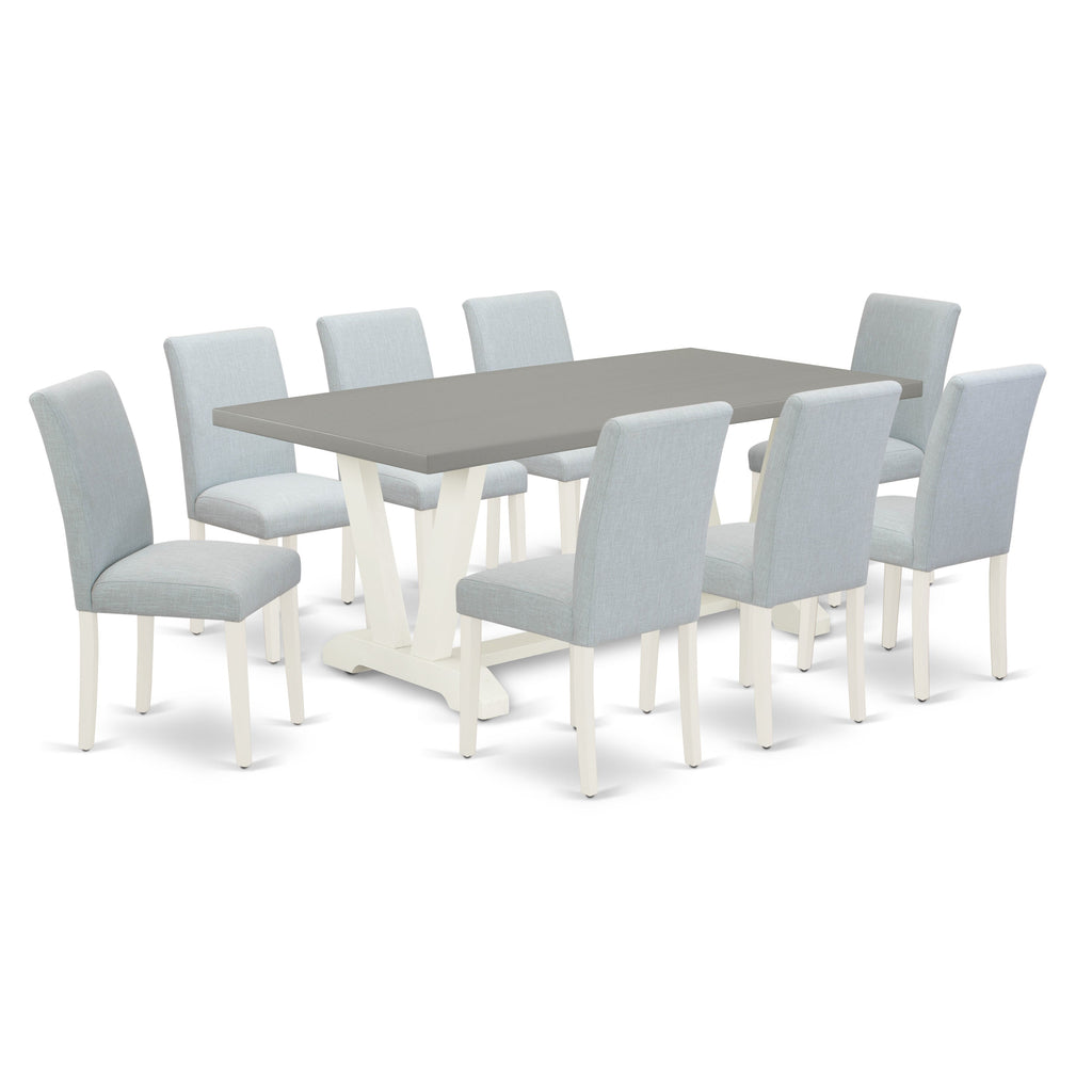 East West Furniture V097AB015-9 9 Piece Kitchen Table & Chairs Set Includes a Rectangle Dining Table with V-Legs and 8 Baby Blue Linen Fabric Parson Chairs, 40x72 Inch, Multi-Color
