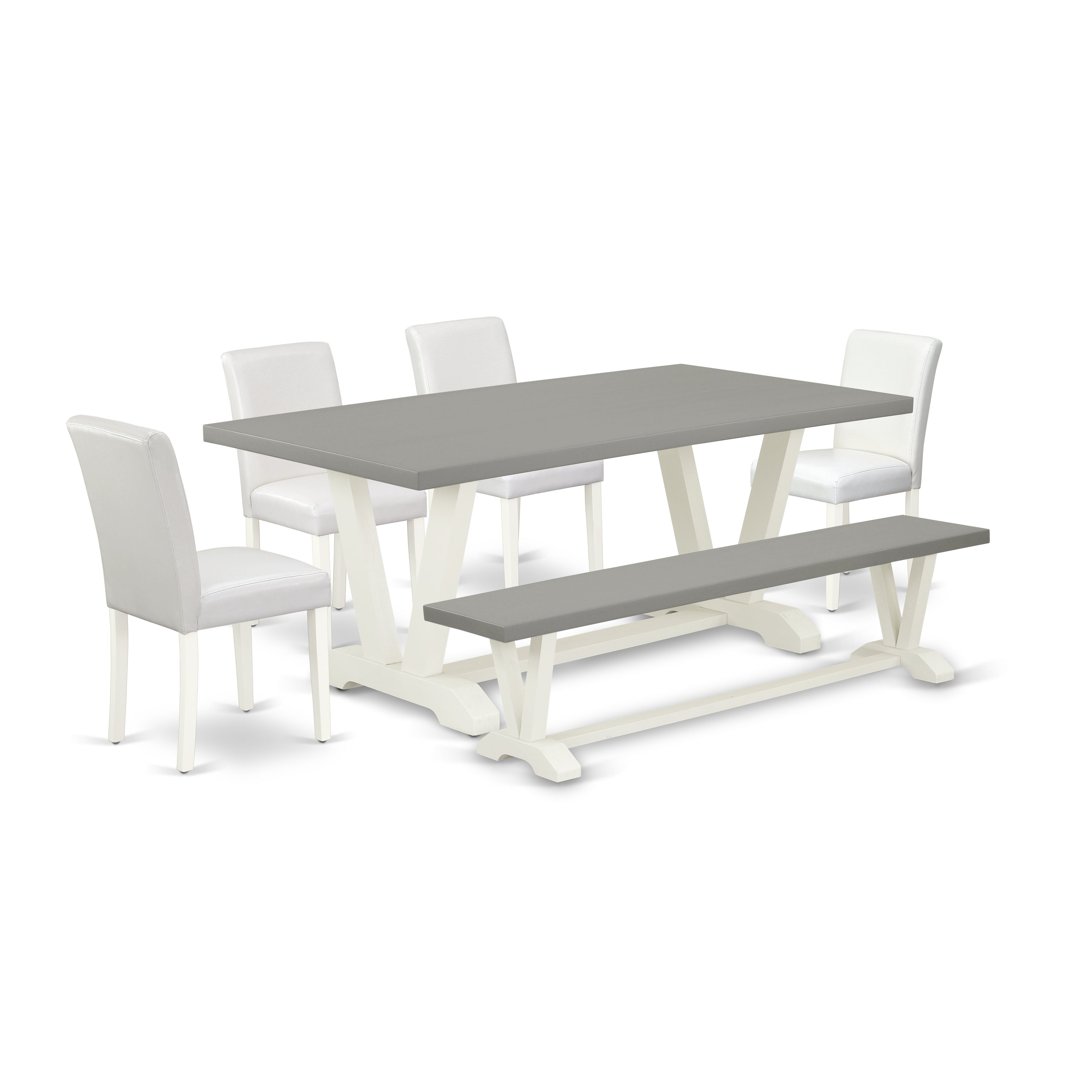 East West Furniture V097AB264-6 6-Piece Modern Dining Set with Dining Room Table and Indoor Bench - 4 PU faux Leather Kitchen Chairs (linen white Finish)
