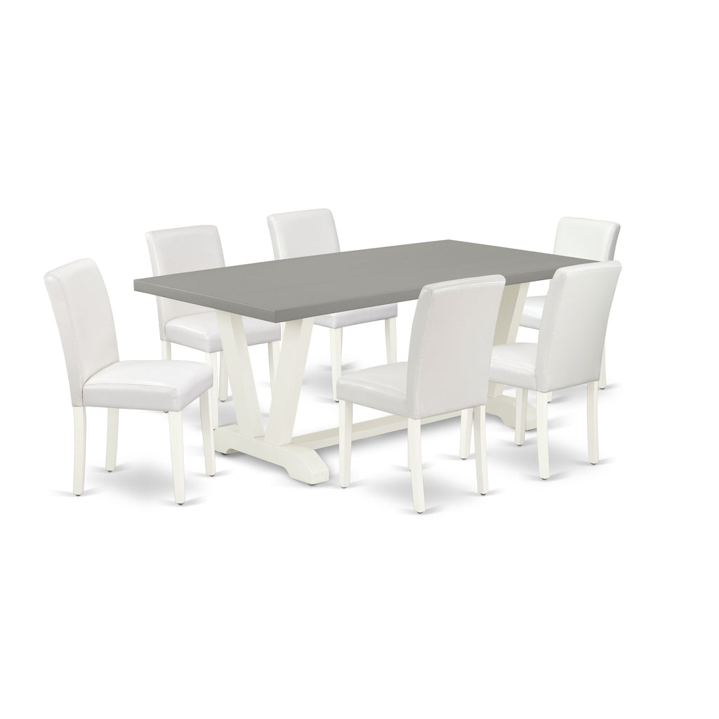 East West Furniture V097AB264-7 7 Piece Kitchen Table & Chairs Set Consist of a Rectangle Dining Table with V-Legs and 6 White Faux Leather Parson Dining Chairs