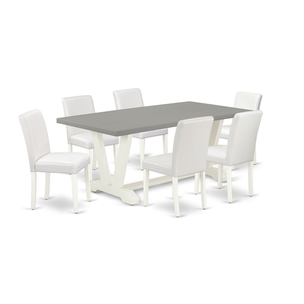 East West Furniture V097AB264-7 7 Piece Kitchen Table & Chairs Set Consist of a Rectangle Dining Table with V-Legs and 6 White Faux Leather Parson Dining Chairs, 40x72 Inch, Multi-Color