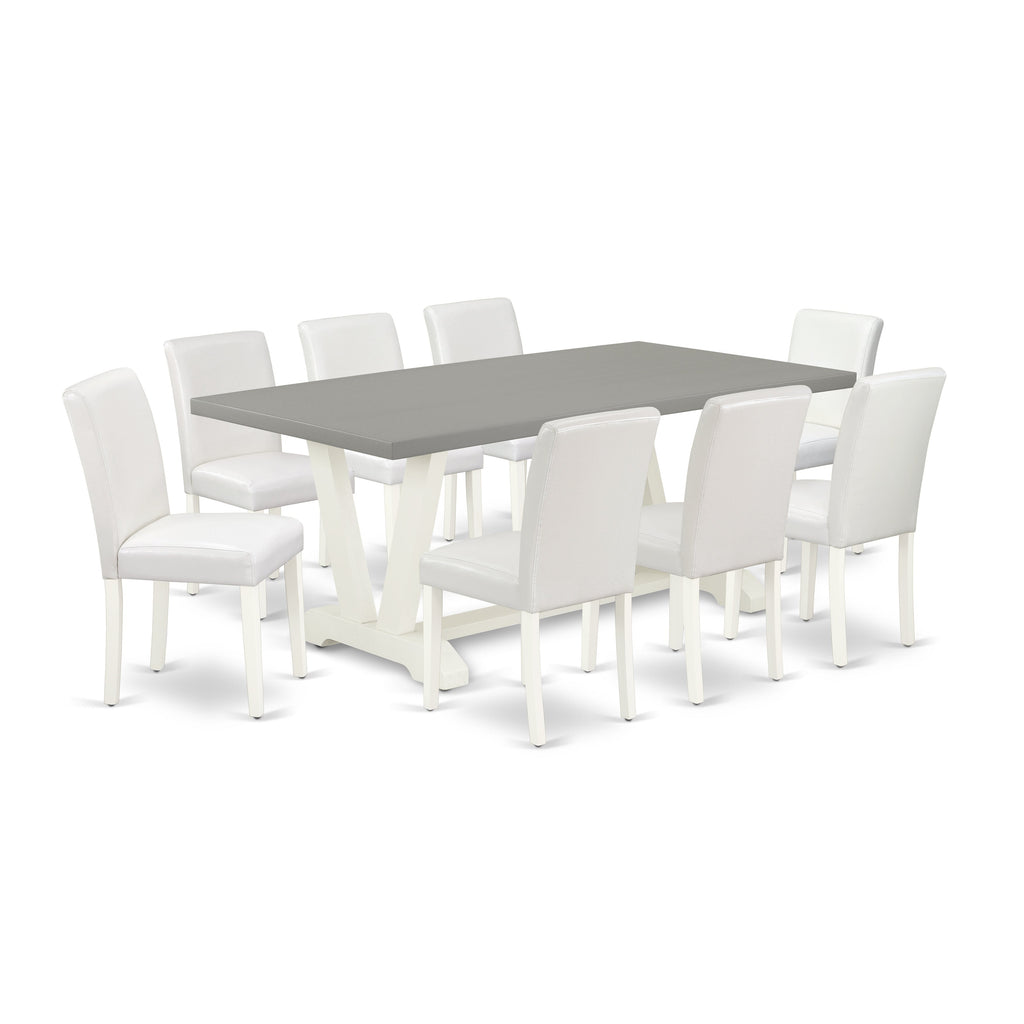 Juego de mesa de comedor moderna de 9 piezas East West Furniture V097AB264-9. Incluye una mesa de comedor rectangular con patas en V y 8 sillas Parsons de piel sintética blanca.