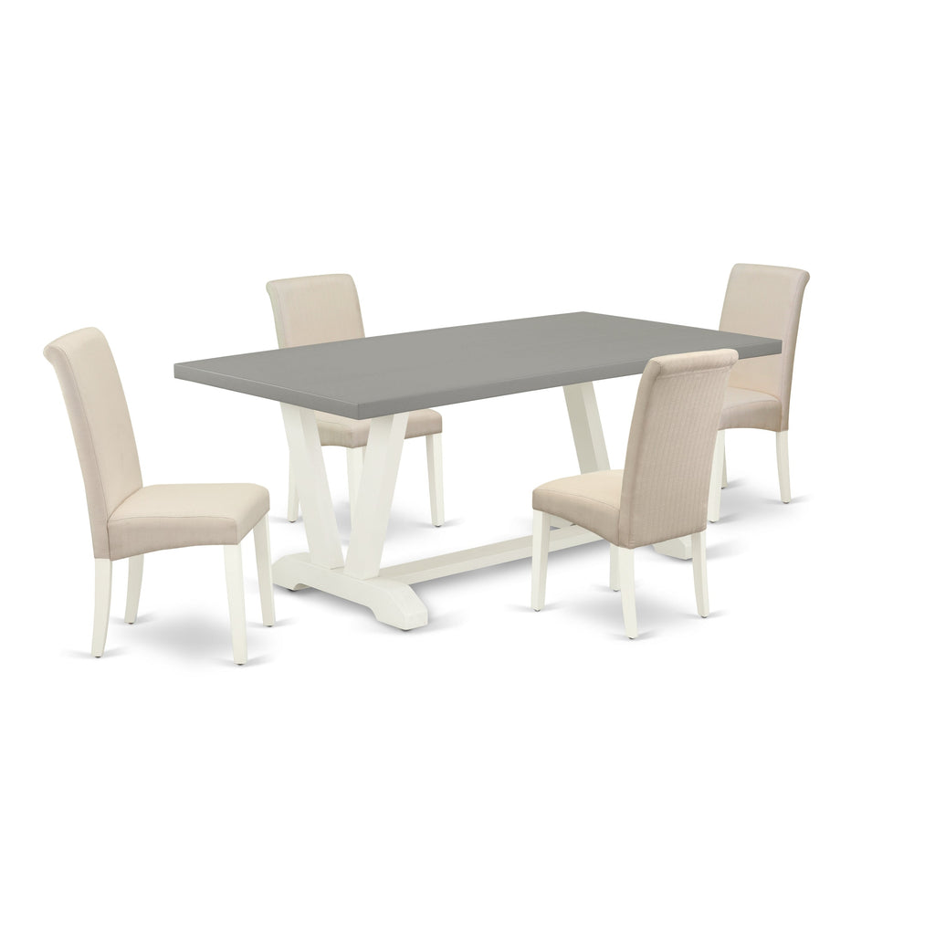 Juego de comedor de 5 piezas East West Furniture V097BA201-5. Incluye una mesa de comedor rectangular con patas en V y 4 sillas tapizadas en tela de lino color crema.
