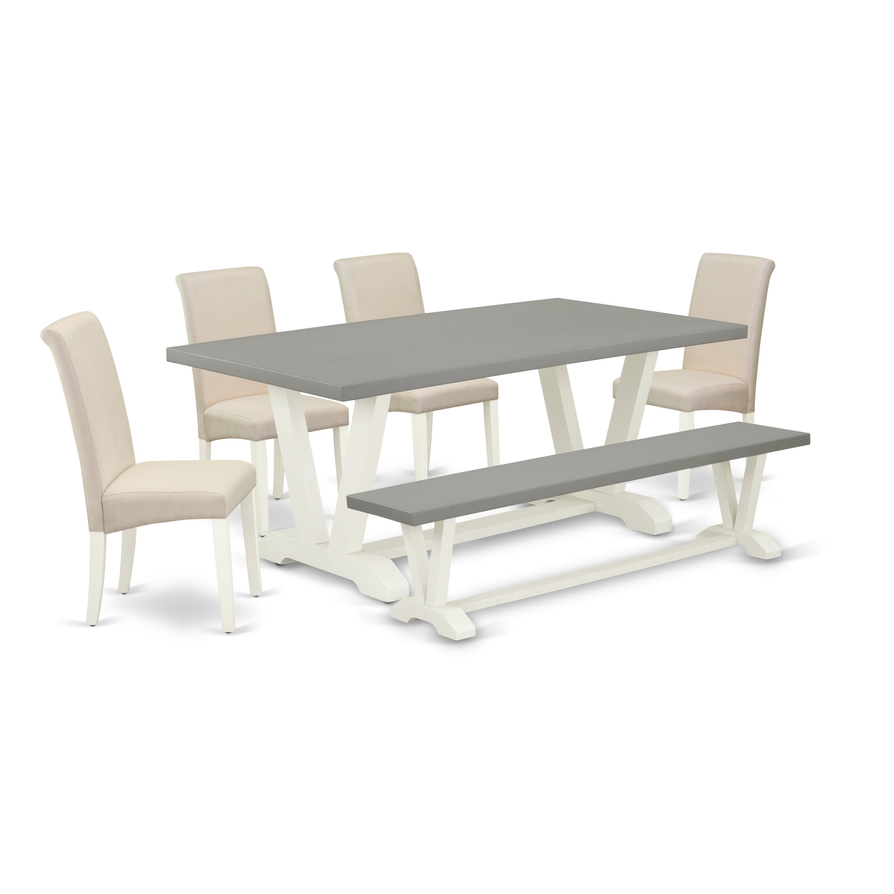 V097BA201-6 6-Piece Dinette Set with Wood Table and Dining Room Bench - 4 Linen Fabric Parson Chairs (linen white Finish)