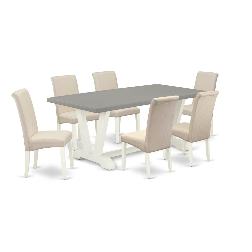 East West Furniture V097BA201-7 7 Piece Dining Room Table Set Consist of a Rectangle Kitchen Table with V-Legs and 6 Cream Linen Fabric Parson Dining Chairs