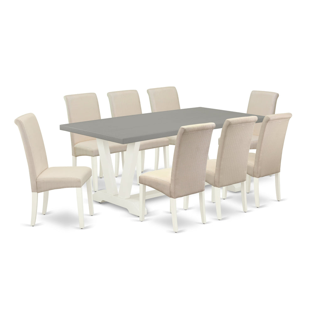 Juego de mesa de comedor moderna de 9 piezas East West Furniture V097BA201-9. Incluye una mesa rectangular de madera con patas en V y 8 sillas de comedor Parson de tela de lino color crema.