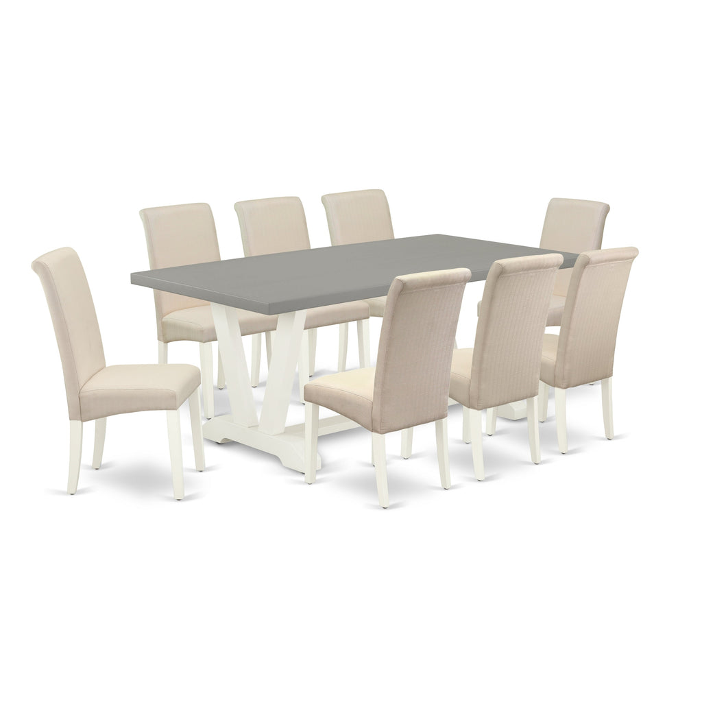 East West Furniture V097BA201-9 9 Piece Modern Dining Table Set Includes a Rectangle Wooden Table with V-Legs and 8 Cream Linen Fabric Parson Dining Room Chairs, 40x72 Inch, Multi-Color