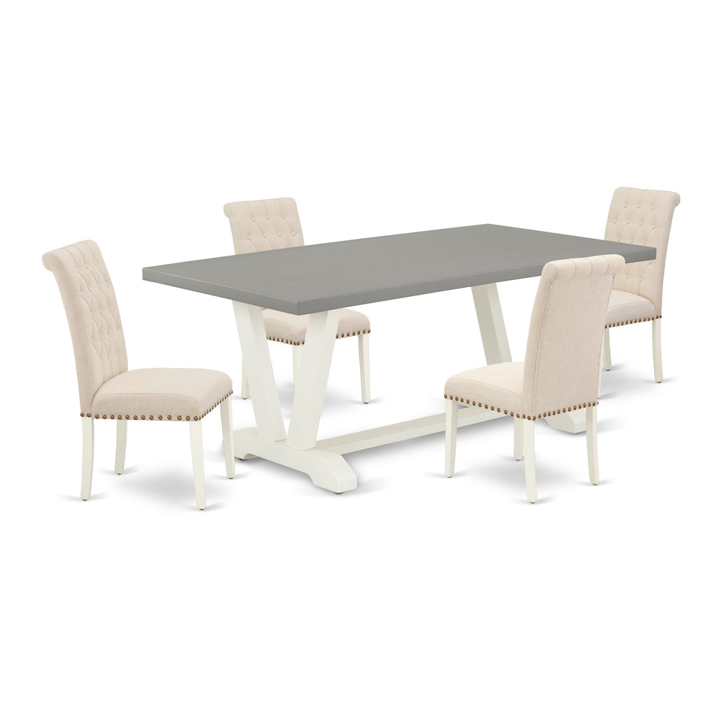 Juego de mesa de comedor de 5 piezas East West Furniture V097BR202-5. Incluye una mesa de comedor rectangular con patas en V y 4 sillas tapizadas en tela de lino beige claro.