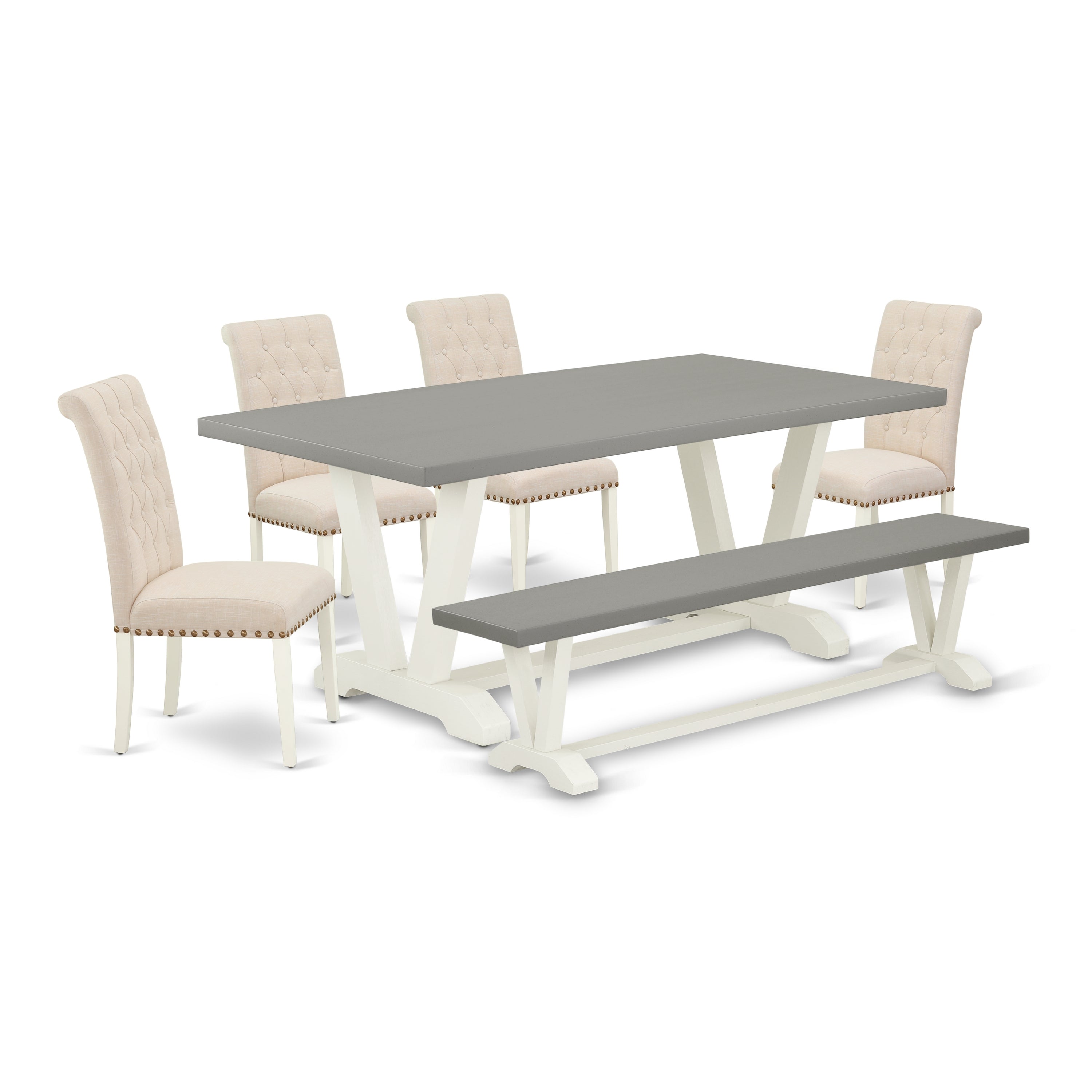 Juego de mesa de comedor de 6 piezas East West Furniture V097BR202-6. Contiene una mesa de cocina rectangular con patas en V y 4 sillas Parson de tela de lino beige claro con un banco.