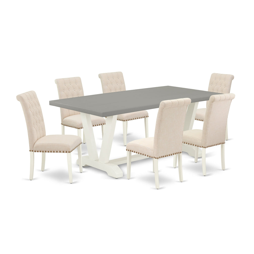 Juego de mesa de comedor moderno East West Furniture V097BR202-7 de 7 piezas compuesto por una mesa rectangular de madera con patas en V y 6 sillas tapizadas en tela de lino beige claro.