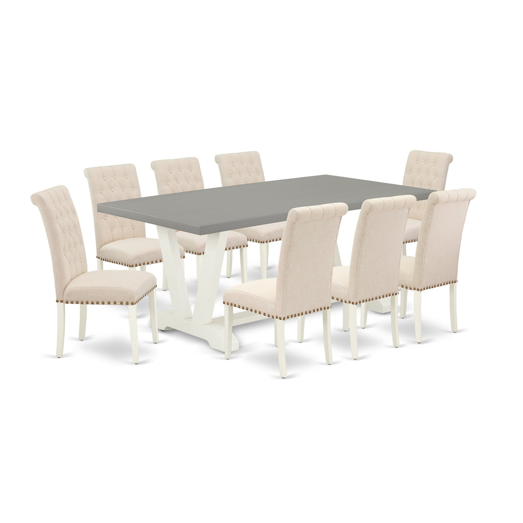 East West Furniture V097BR202-9 9 Piece Dining Room Table Set Includes a Rectangle Kitchen Table with V-Legs and 8 Light Beige Linen Fabric Parsons Dining Chairs